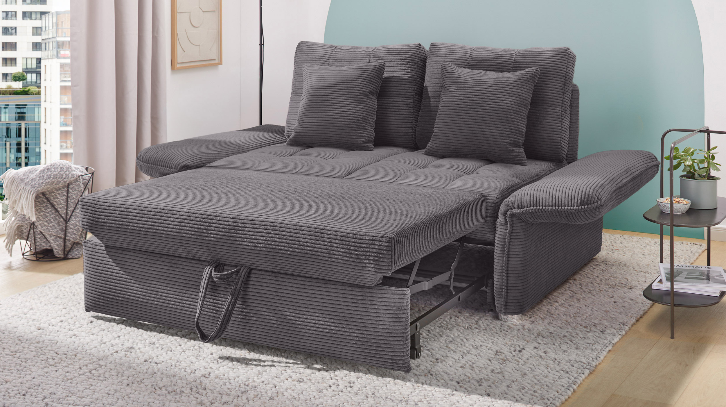 Schlafsofa Cord grau ausziehbar 147 x 105 cm - LEON
