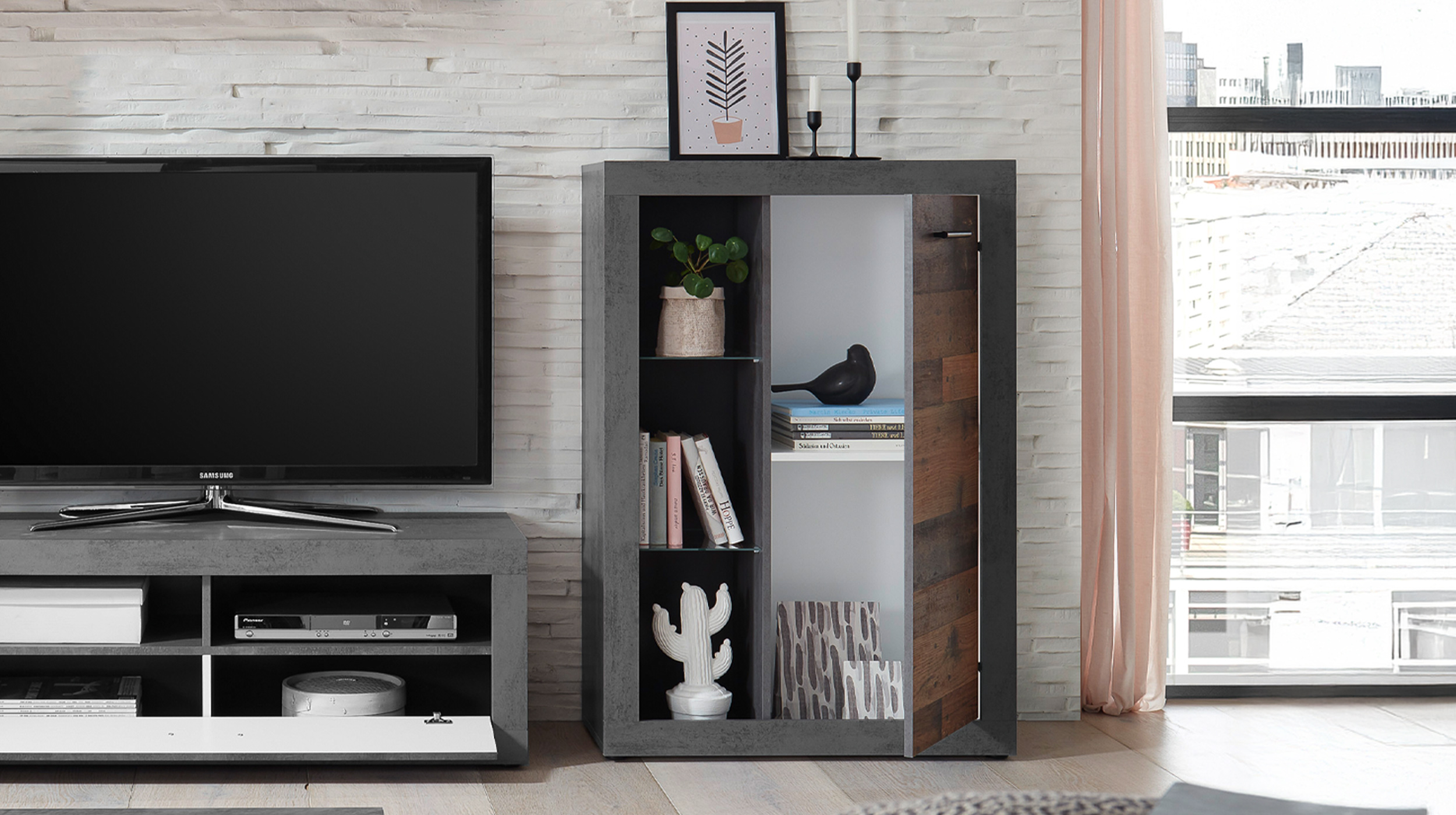 Wohnwand Old Wood - grau 305 cm Anbauwand - FULDA