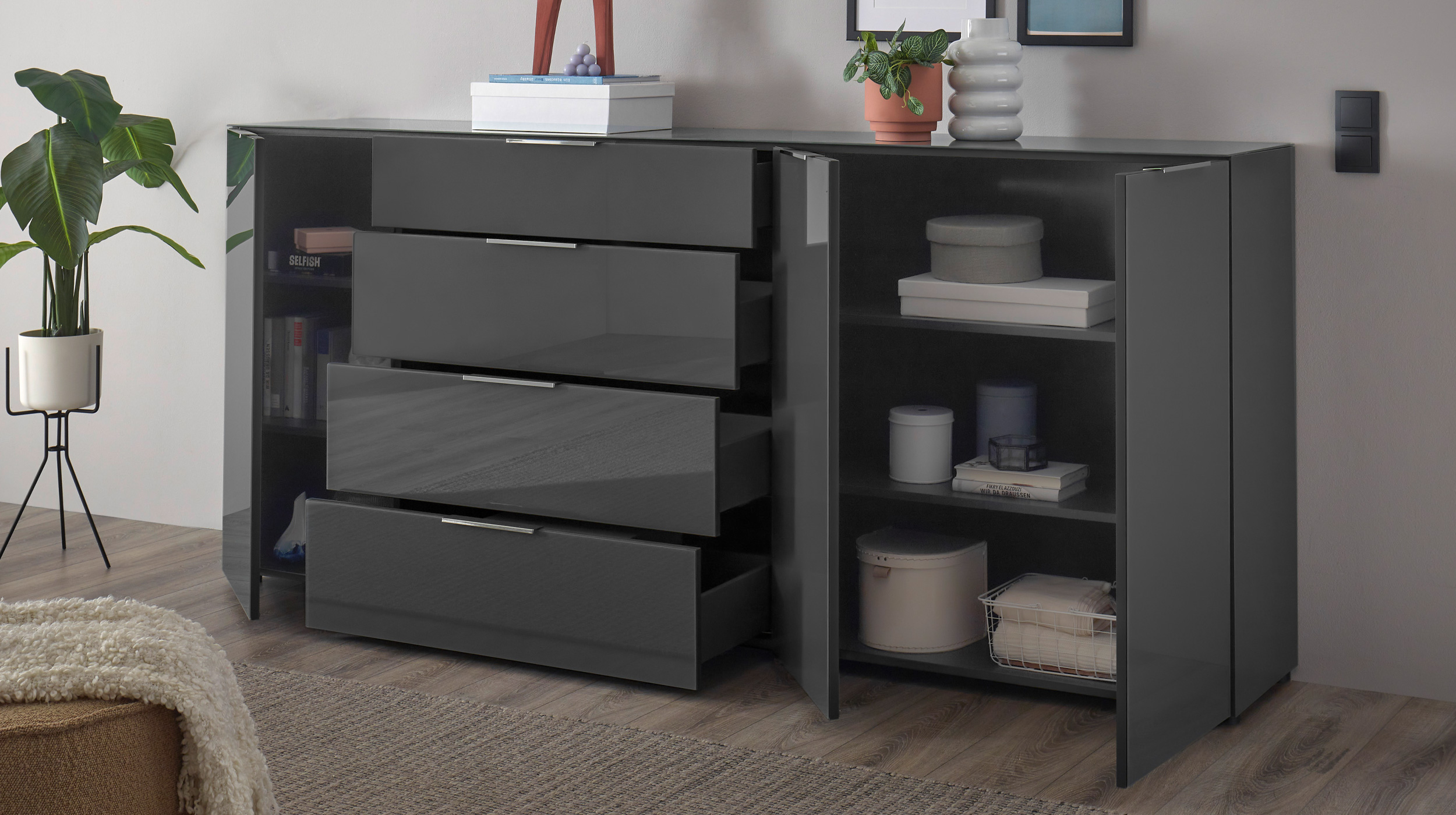 Sideboard 4 Schubladen - anthrazit - Glasfront - 226 cm - SANTORIN