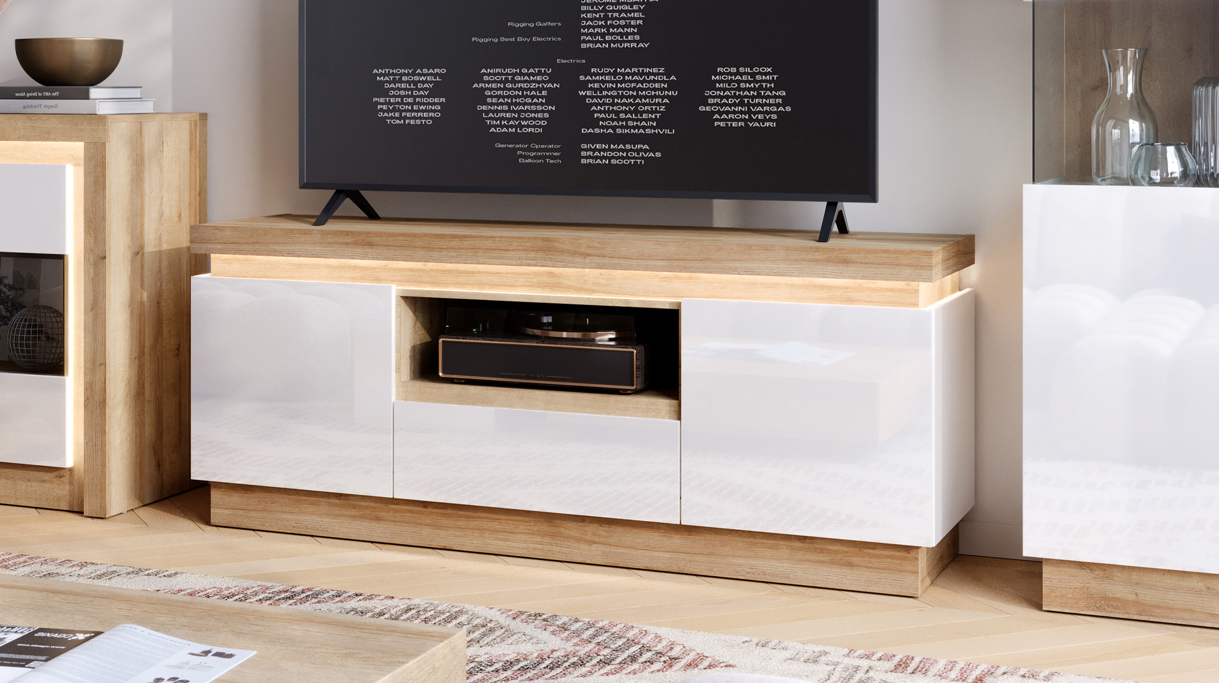 TV - Lowboard mit Beleuchtung weiß Hochglanz - Eiche 160 cm - LYON