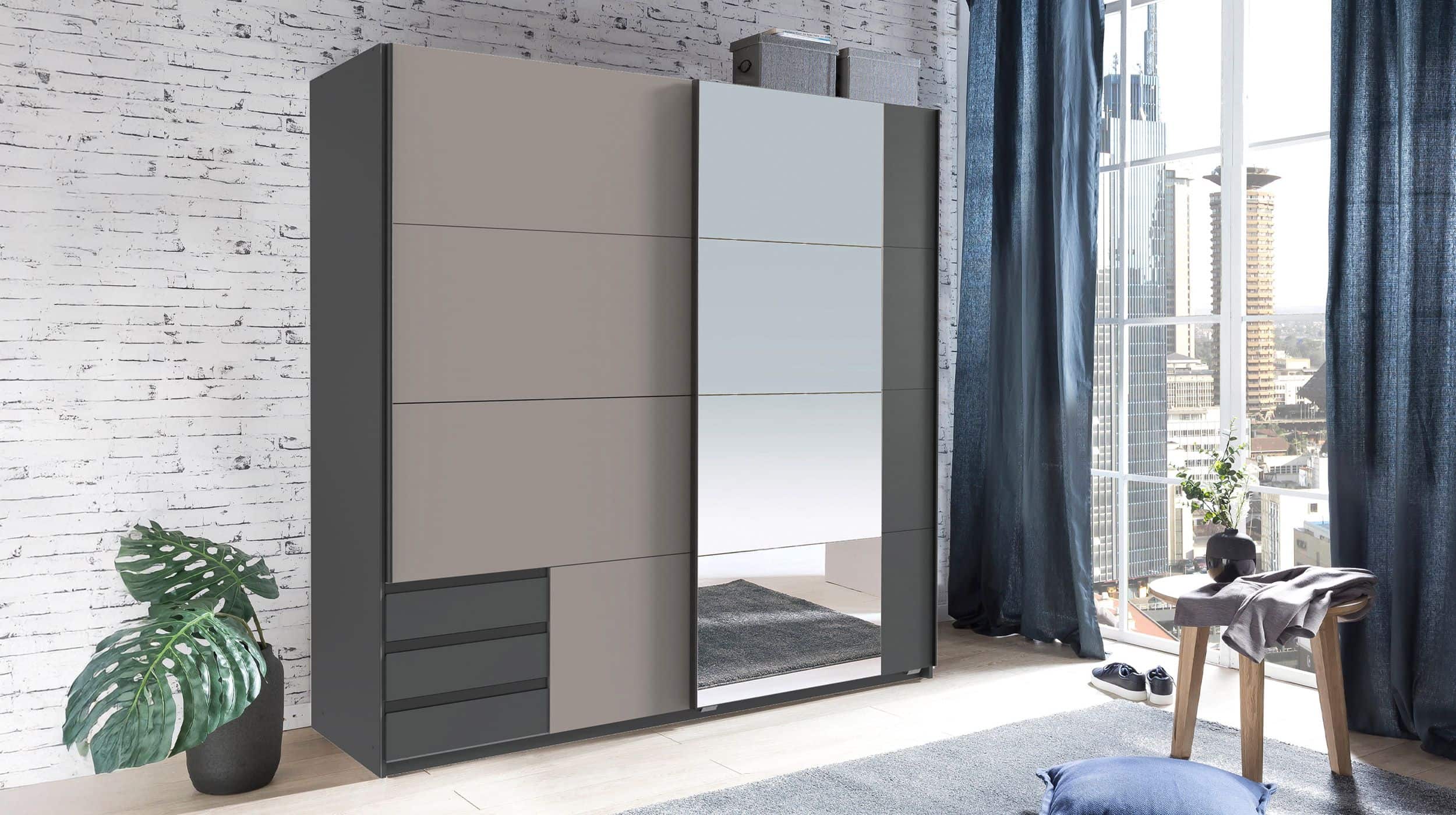 Schwebetürenschrank mit Spiegel grau - graphit 180 cm - EMDEN