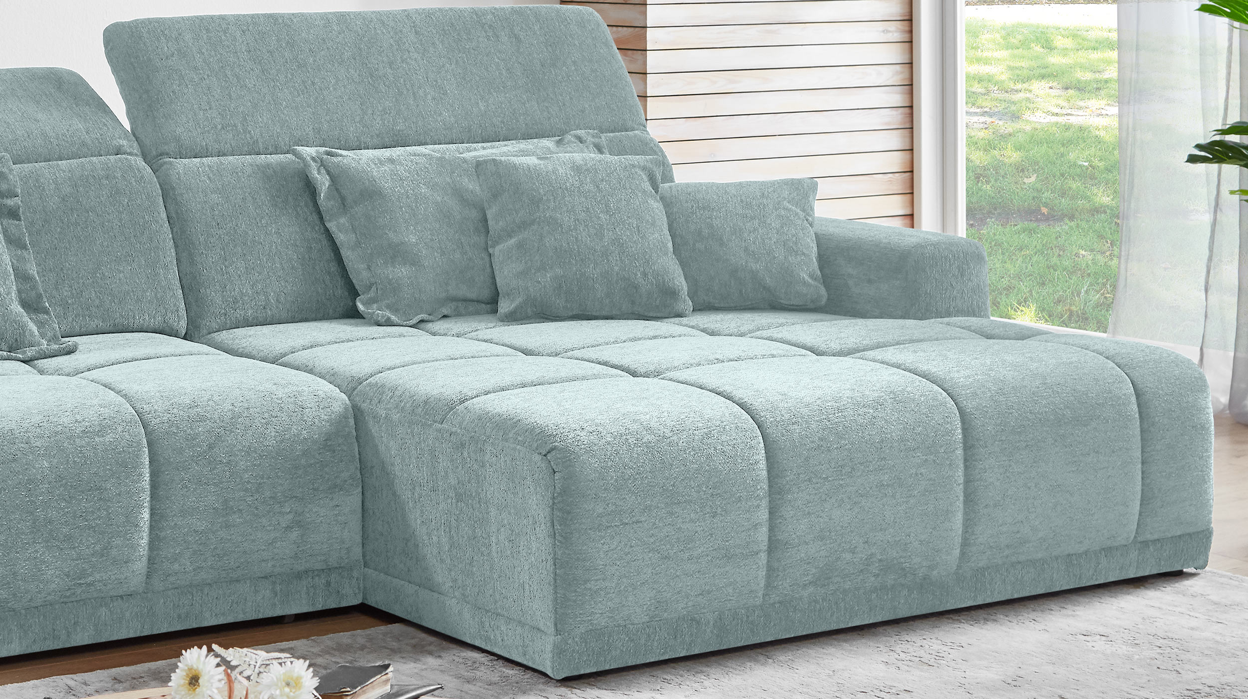 Ecksofa grün elektrisch ausfahrbar 288 cm - OT rechts - BROOK
