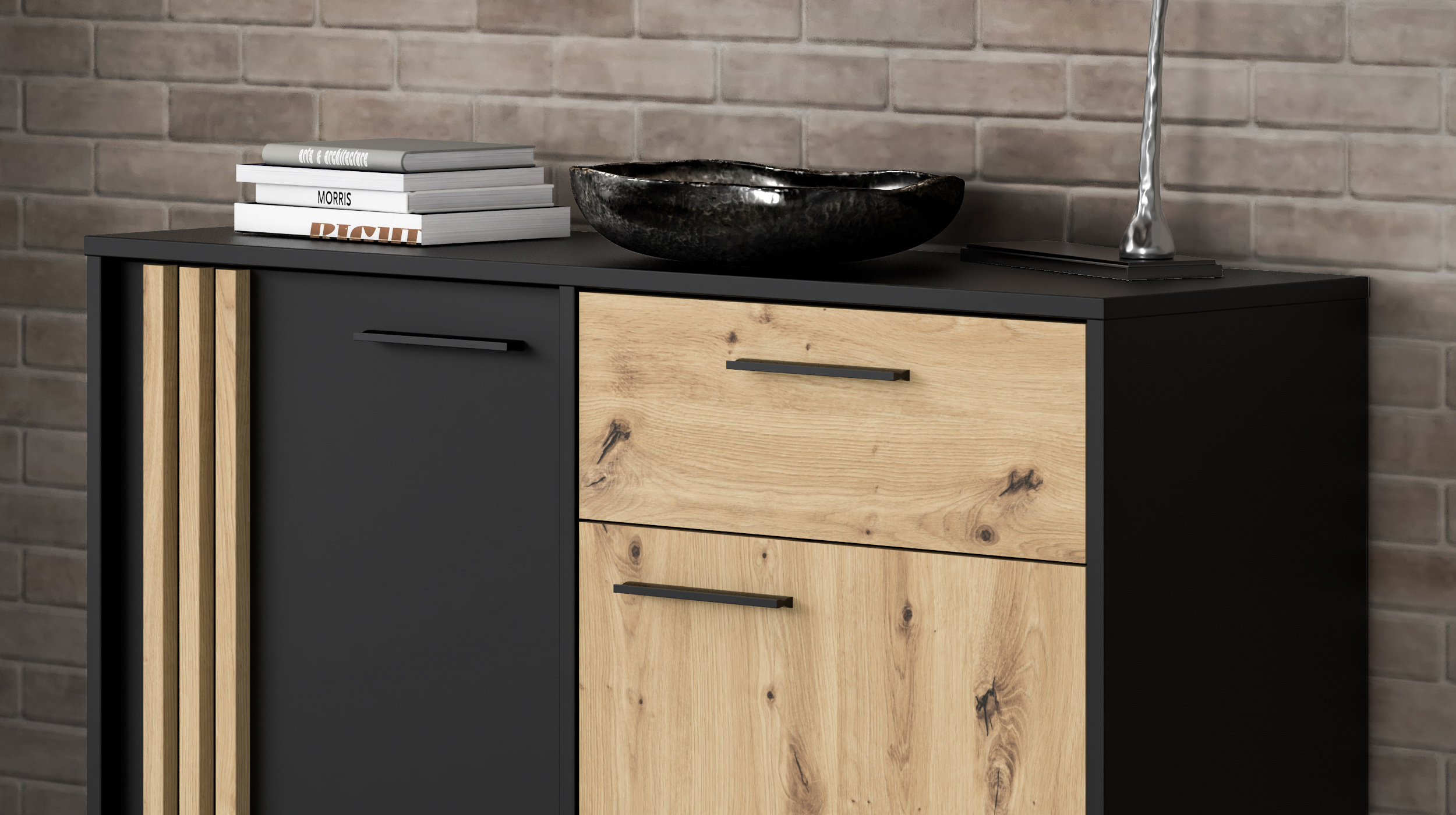 Kommode mit 1 Schublade Artisan Eiche - schwarz 115 x 34 cm - CARDIGAN