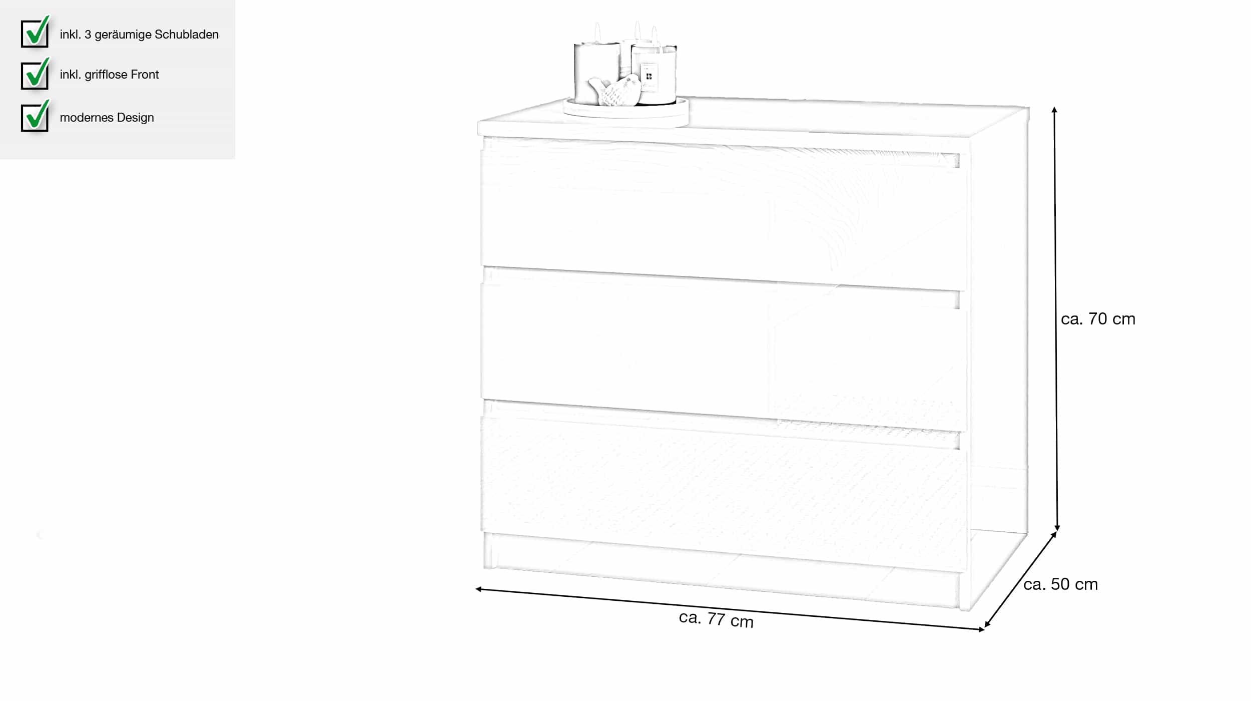 Kommode mit 3 Schubladen weiß Hochglanz 77 cm - NAIA 