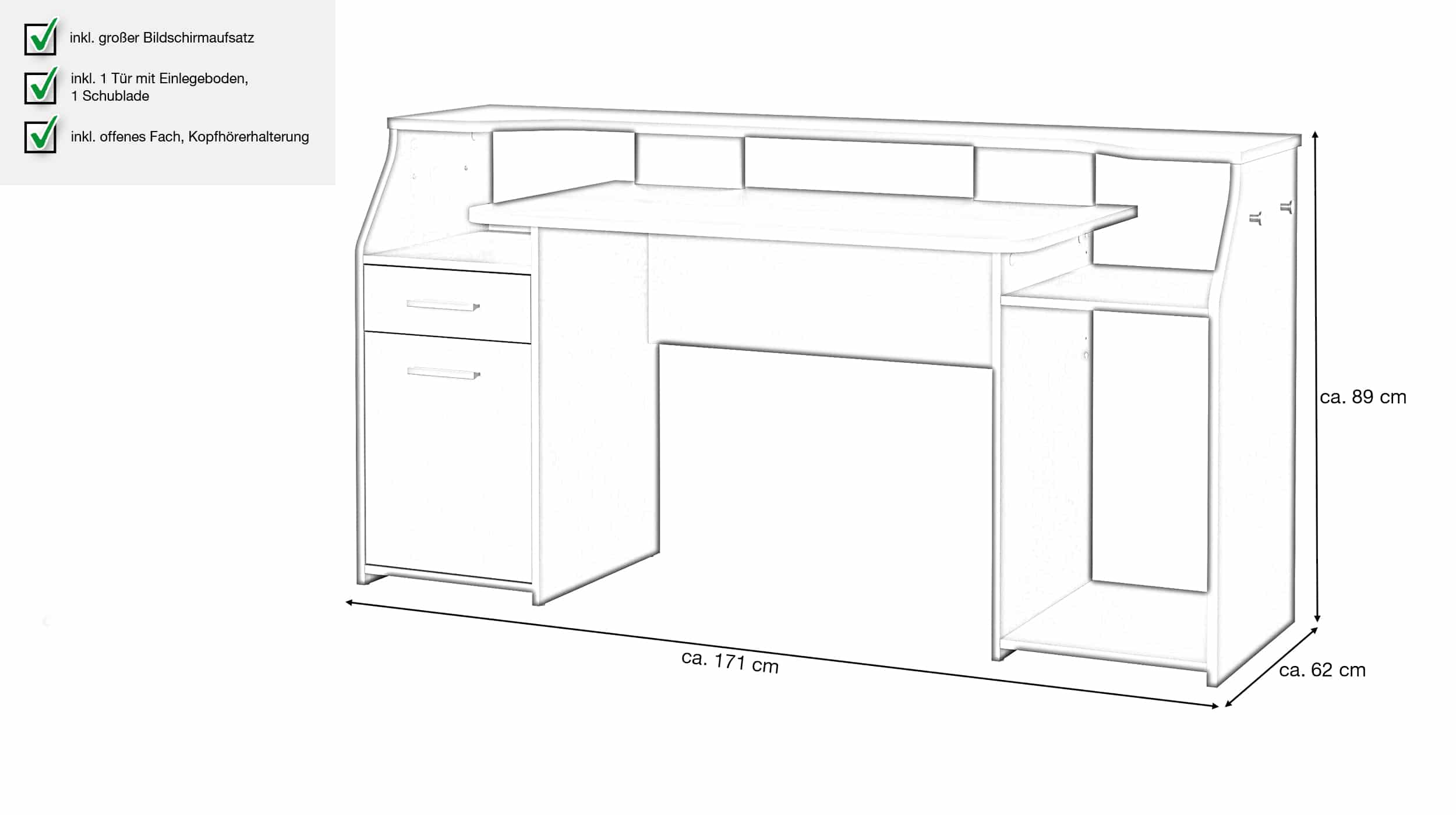 Computerschreibtisch schwarz matt 171 cm - FUNCTION PLUS