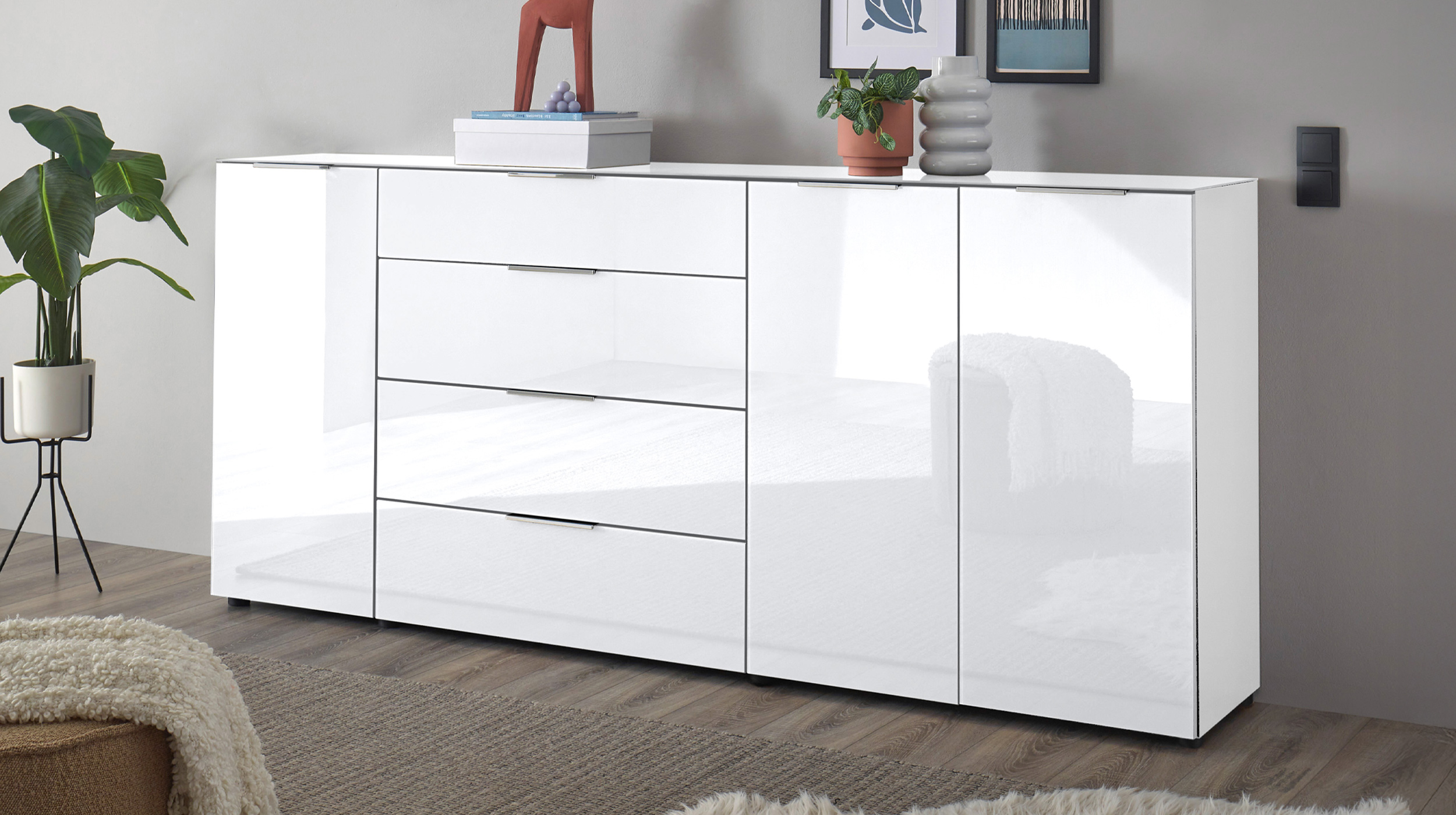 Sideboard 4 Schubladen - weiß - Glasfront - 226 cm - SANTORIN