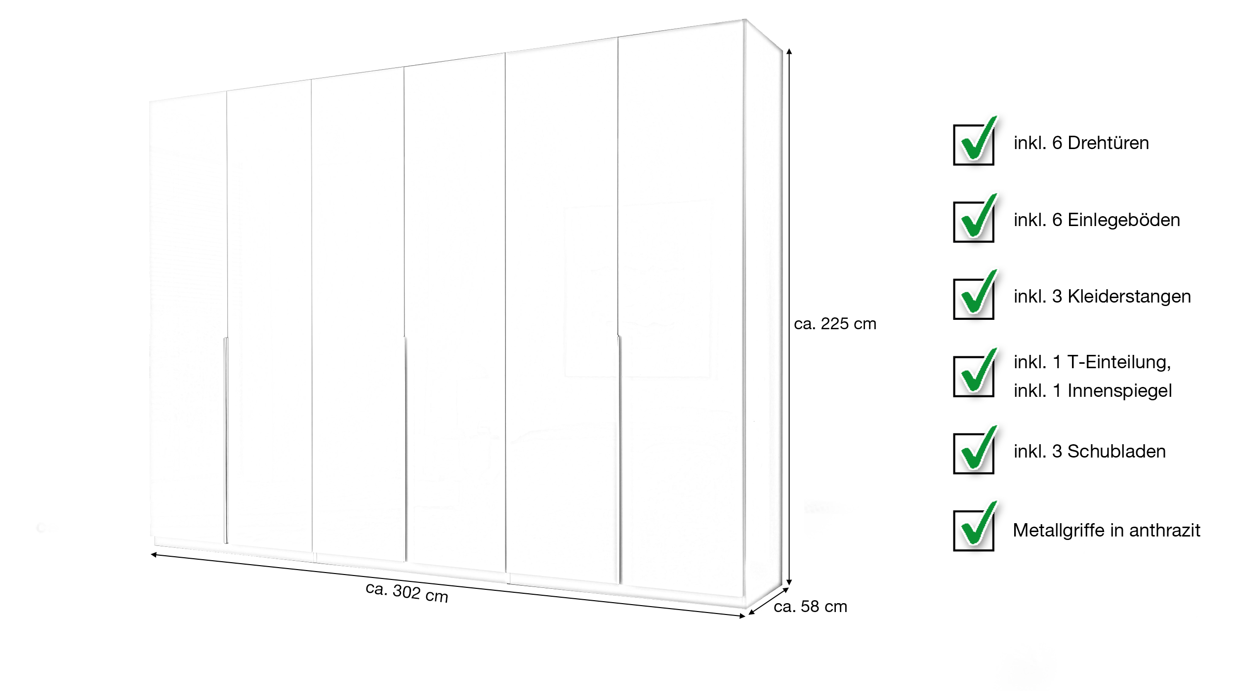Kleiderschrank weiß hochglanz 6-türig 302 cm - CAMOLEO