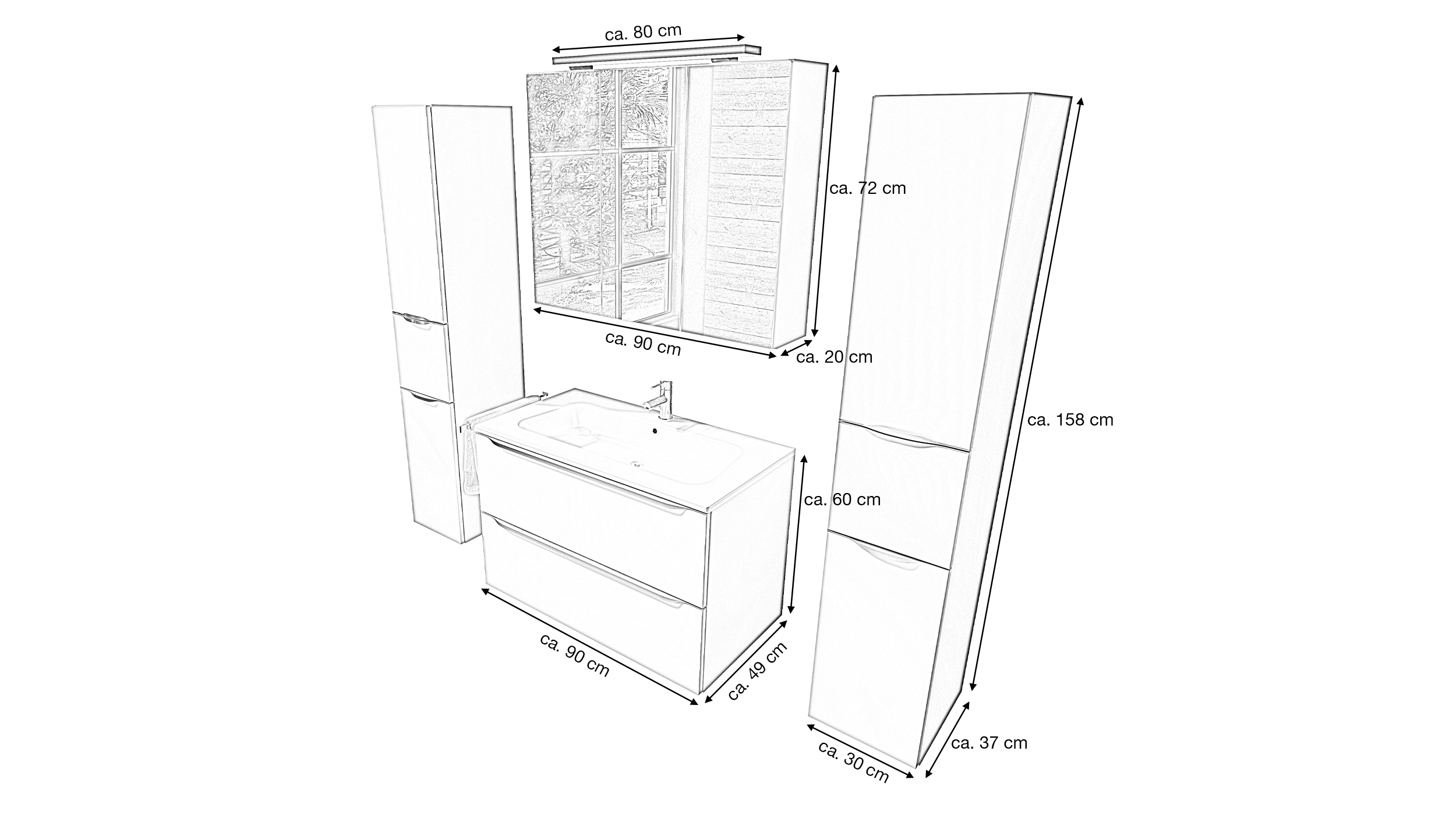 Badmöbel-Set grau - 4 Teile - Waschtisch 90 cm - LISANDRO