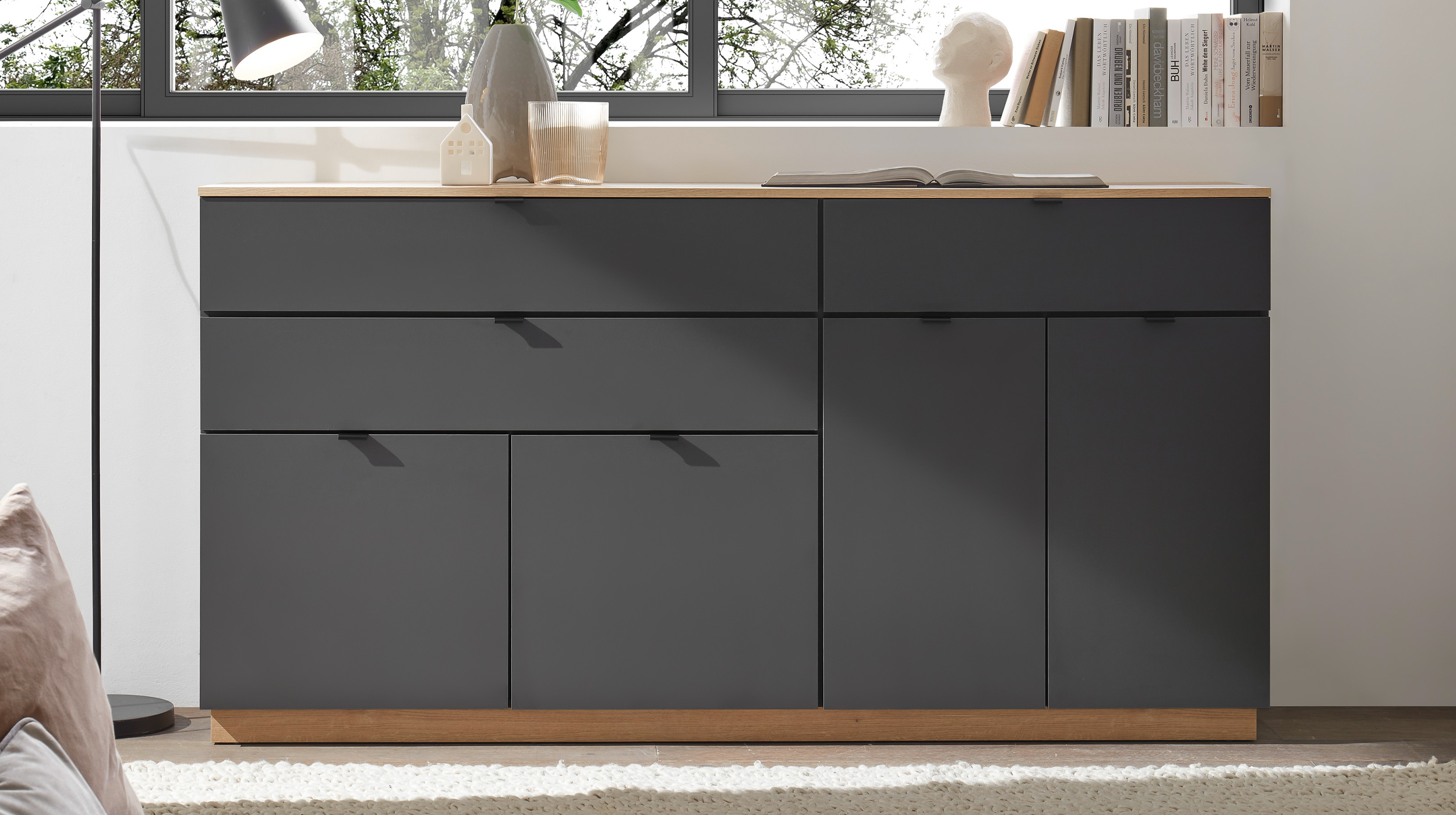 Sideboard mit 3 Schubladen anthrazit - Eiche 191 cm - VINCE