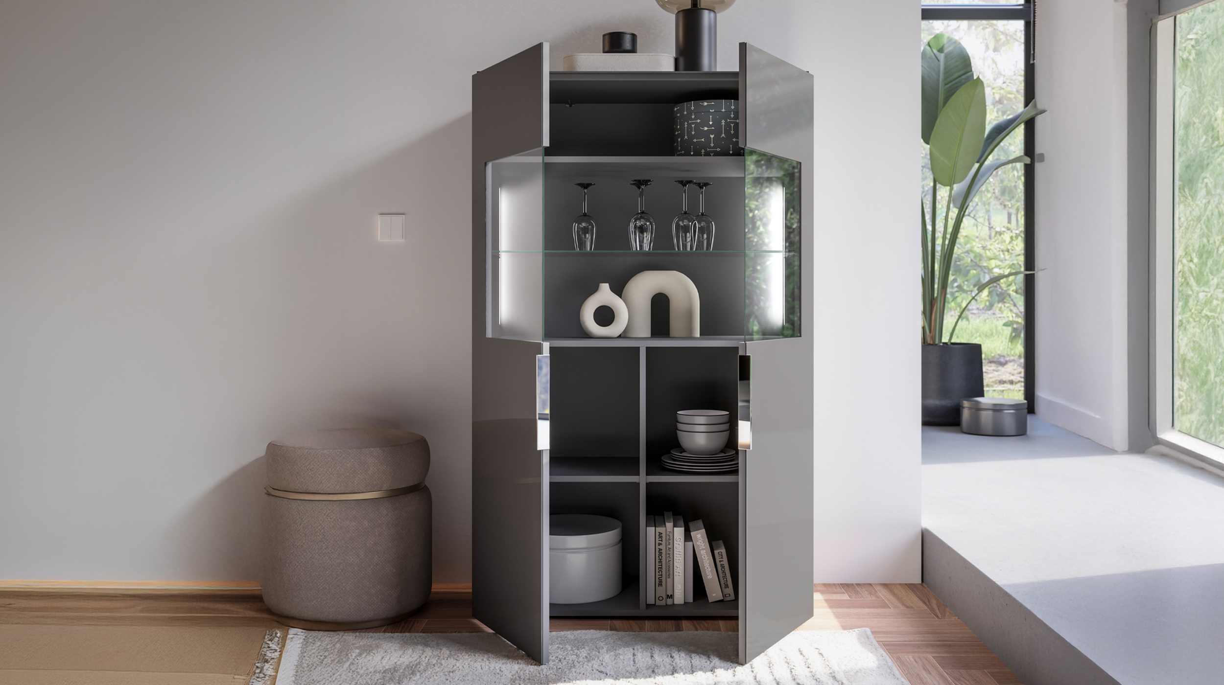 Vitrine mit Beleuchtung anthrazit - Glasfront - Breite 90 cm - SANTORIN