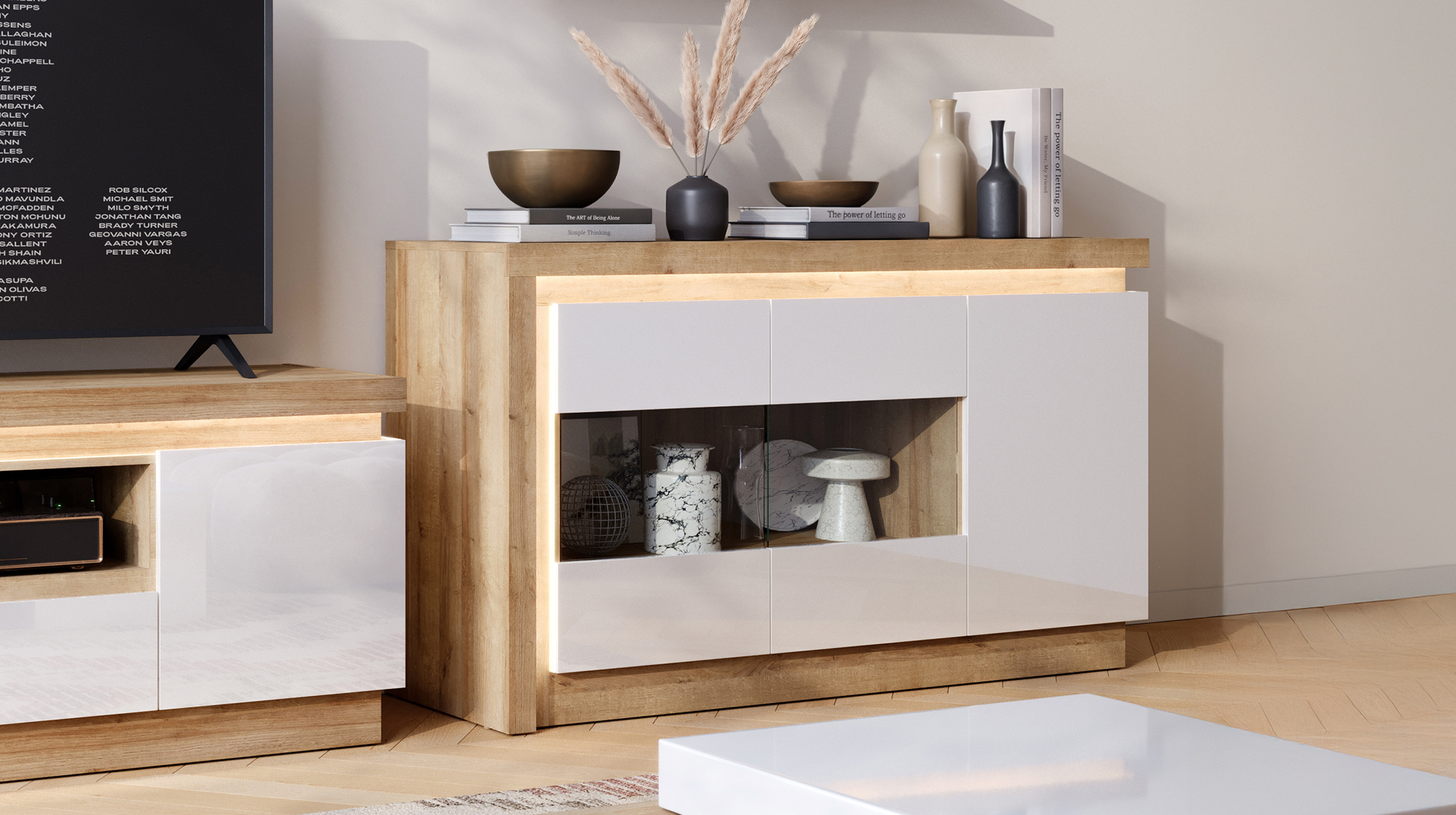 Sideboard mit Glastüren weiß Hochglanz - Eiche 158 cm - LYON