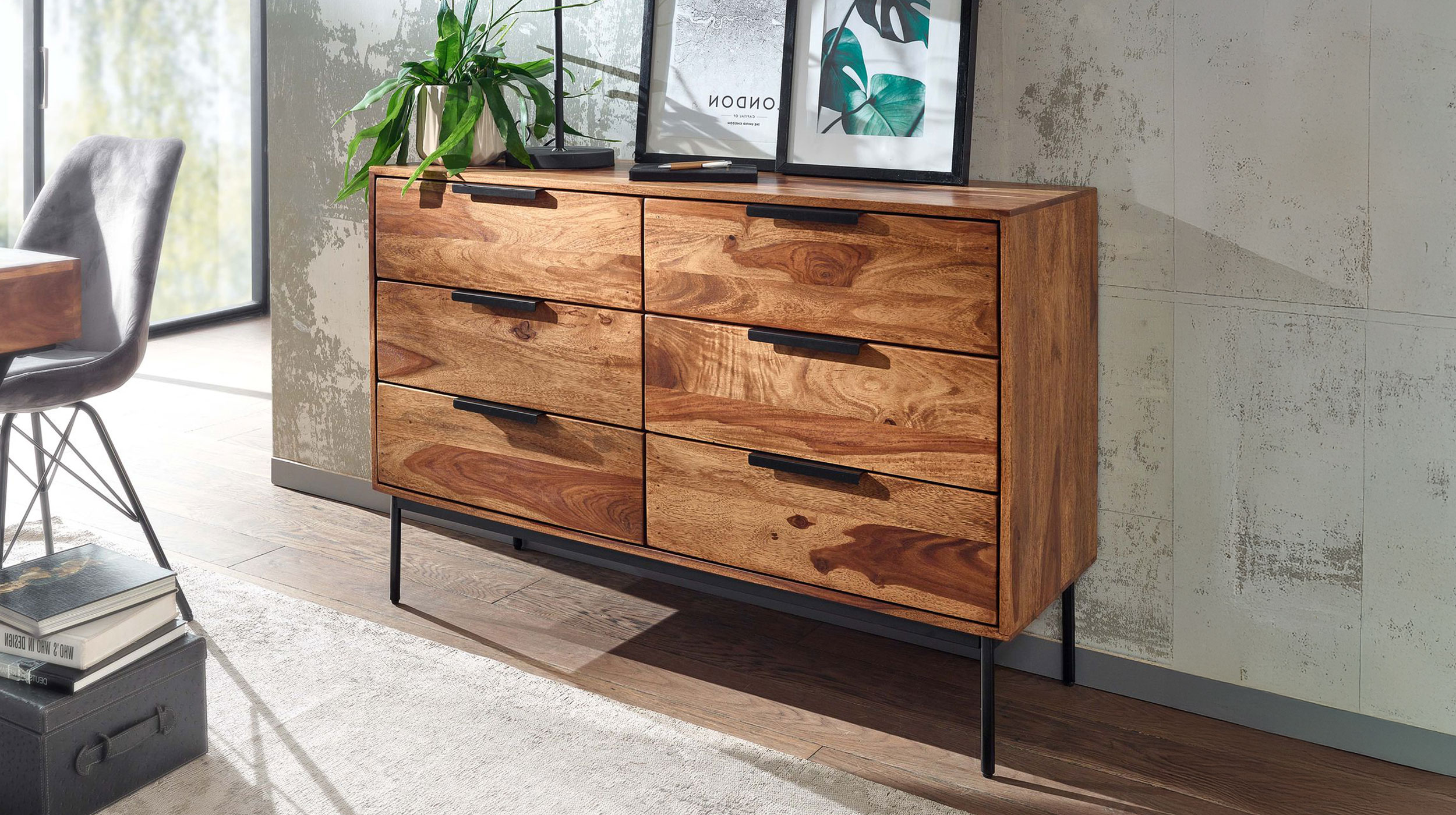 Kommode mit 6 Schubladen Sheesham massiv gebeizt 117 x 42 cm - SVANTE