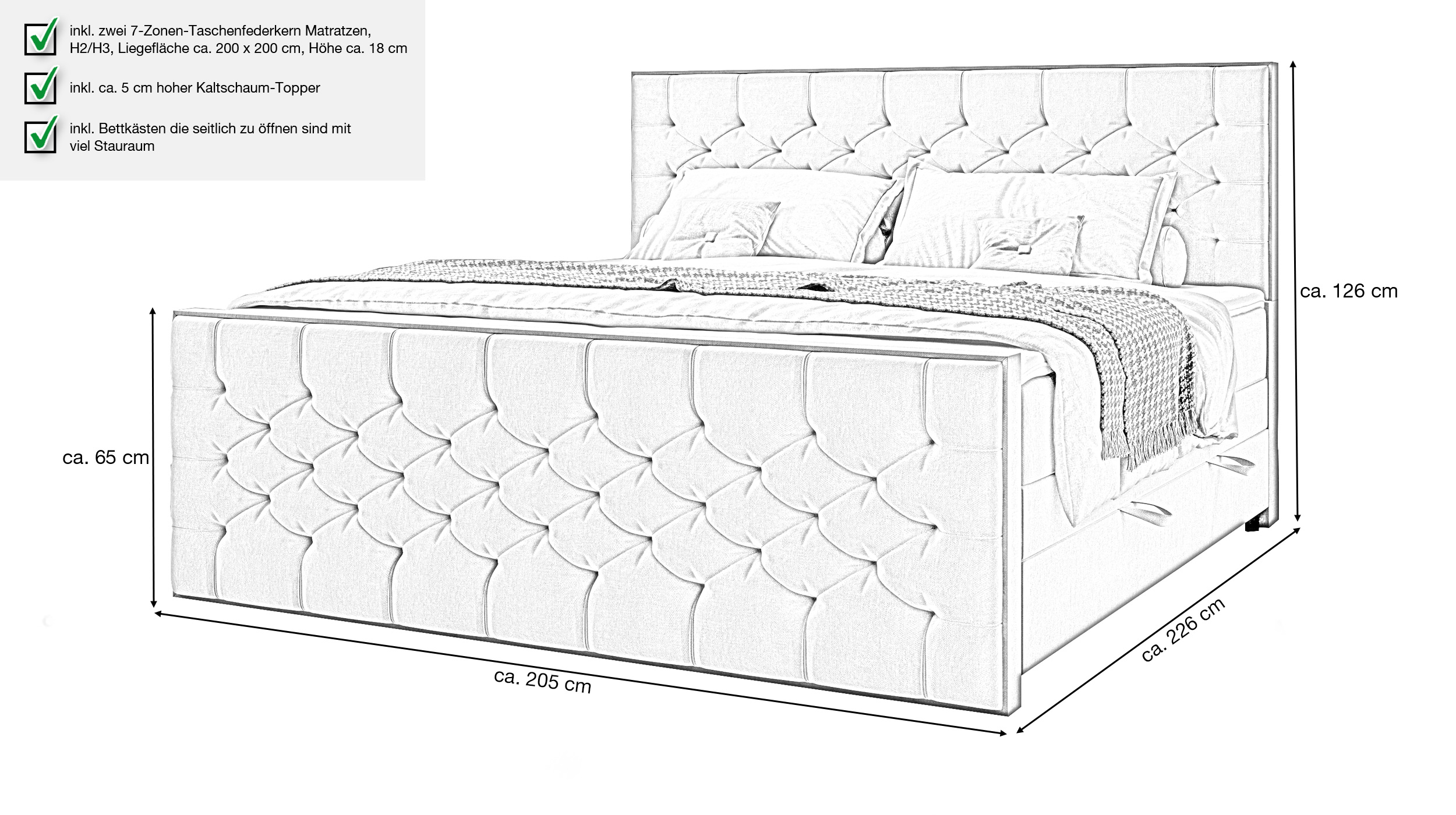 Boxspringbett 200 x 200 cm grau - mit Bettkasten - LANCIANO 