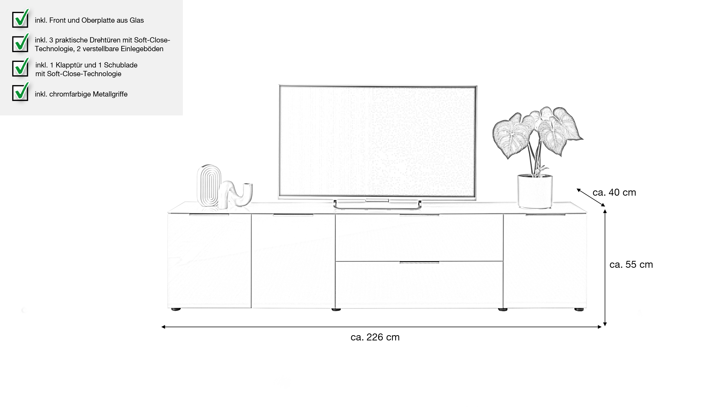 TV-Lowboard weiß - Glasfront - 226 cm - SANTORIN