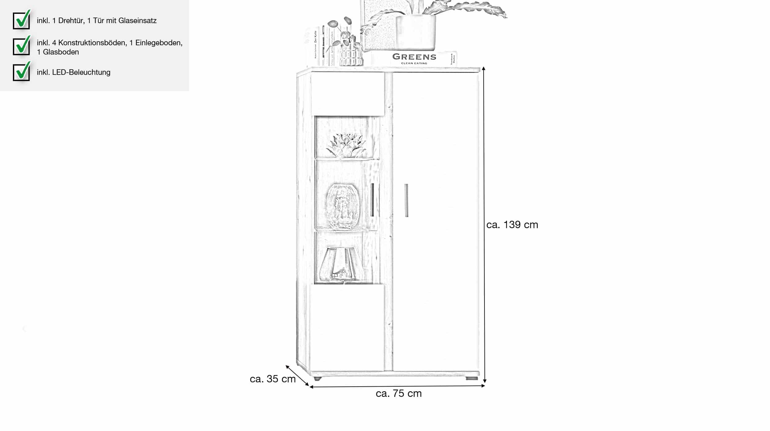 Vitrine mit Glastür beige - Artisan Eiche 75 cm - KANADA