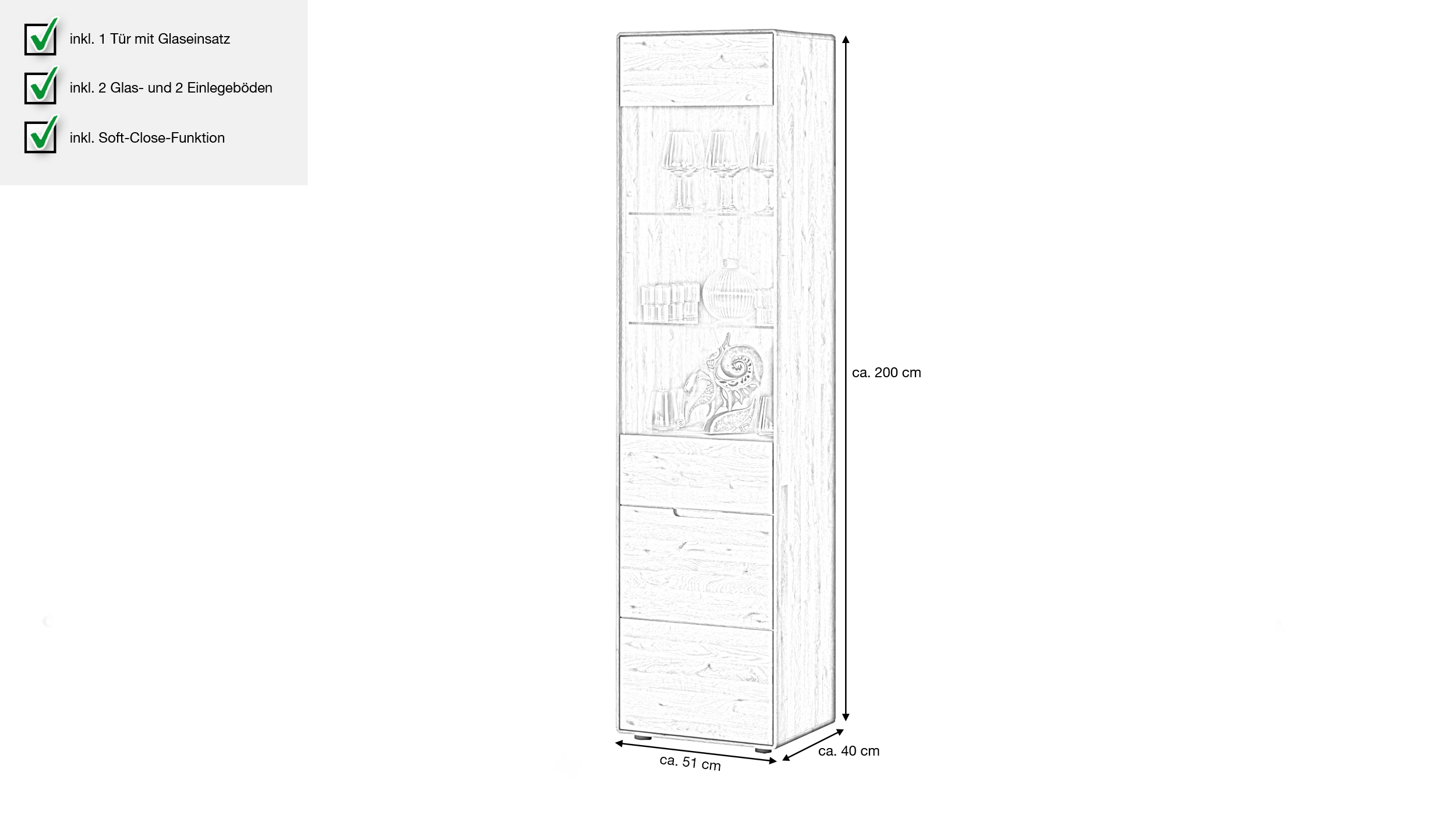 Vitrine mit Glastür Wildeiche massiv Breite 51 cm - LUCAS