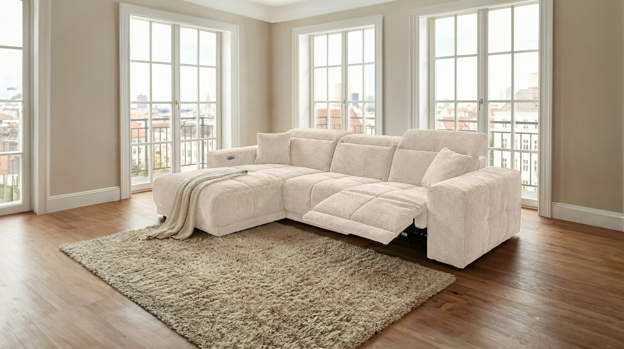 Ecksofa Cord beige 302 x 167 cm mit Relaxfunktion - OT links - TONI