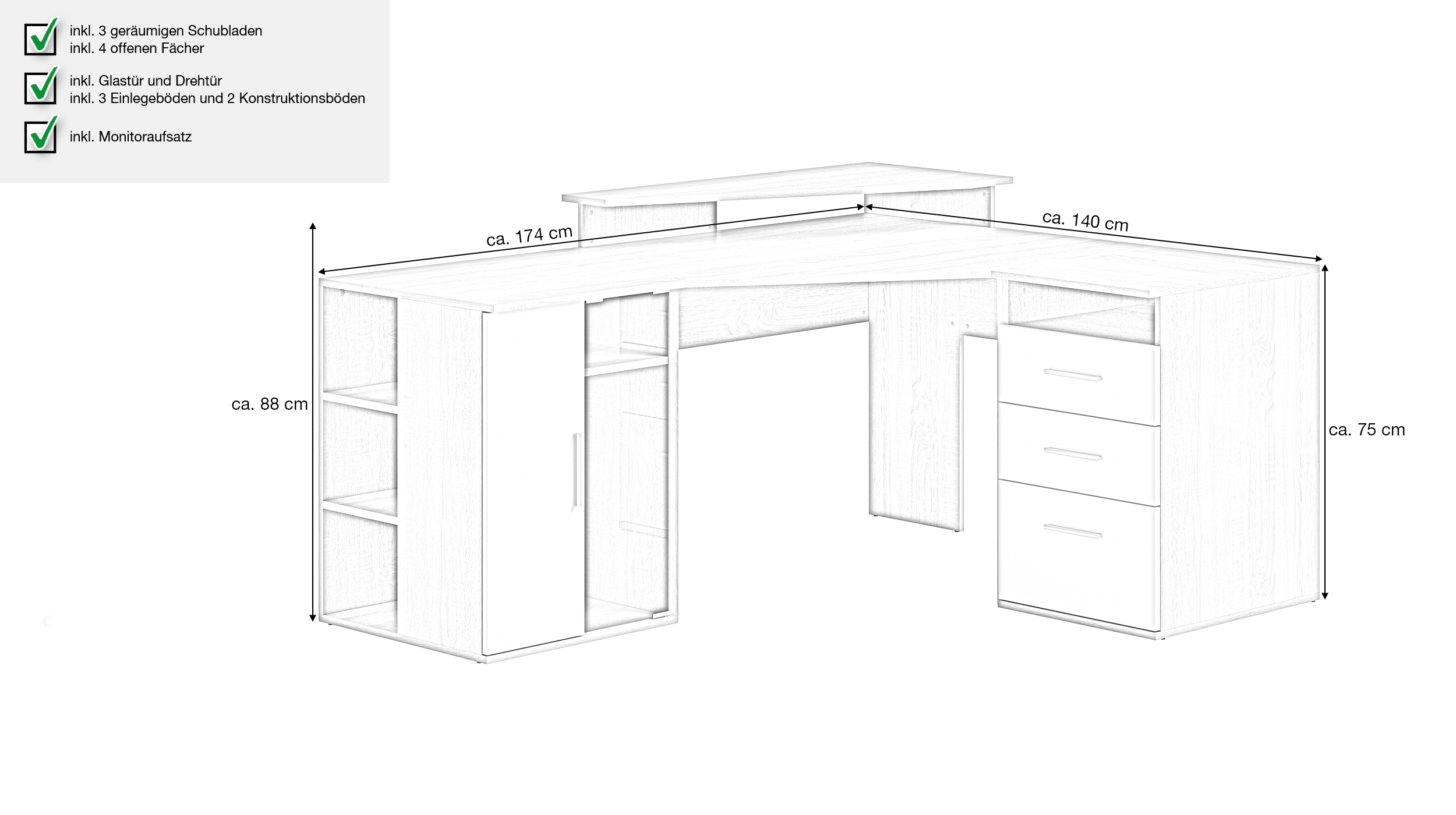 Eck-Schreibtisch Sonoma Eiche - weiß 174 cm - EFFECT