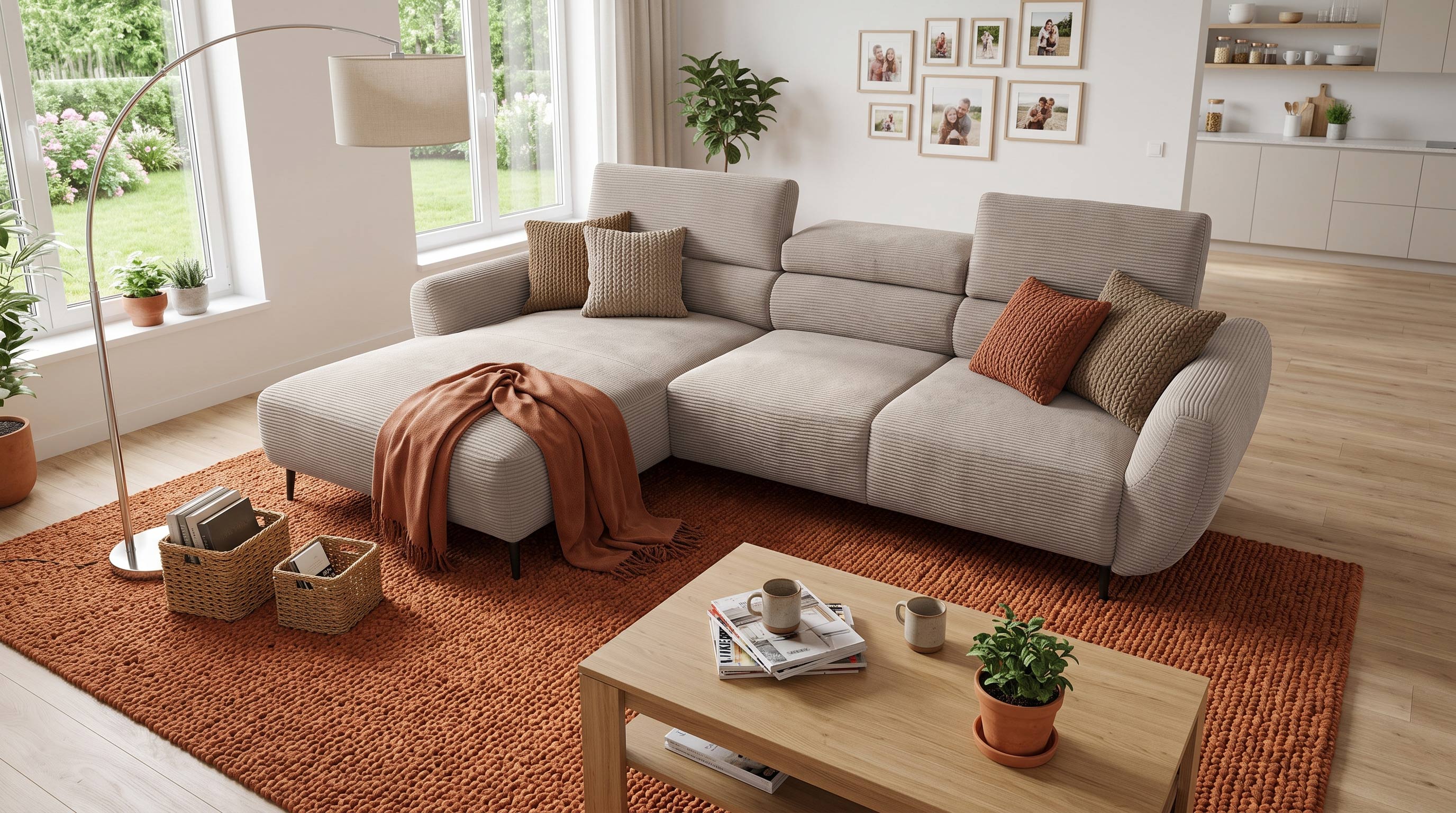 Ecksofa Cord beige elektrisch ausfahrbar 277 cm - OT- links - ALISSON