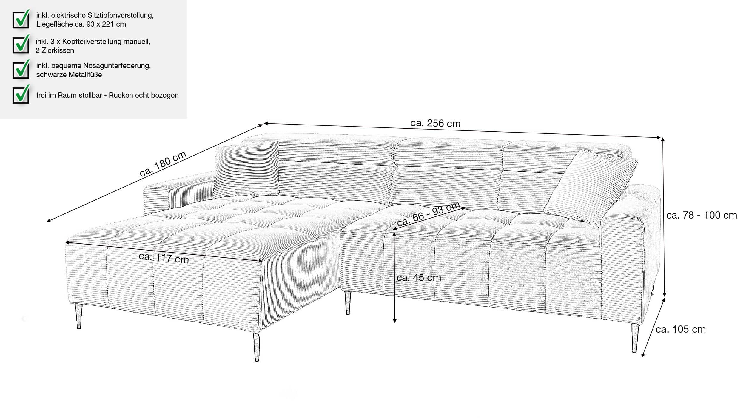 Ecksofa Cord schwarz - 256 x 180 cm - Sitztiefenverstellung - SIMPLE