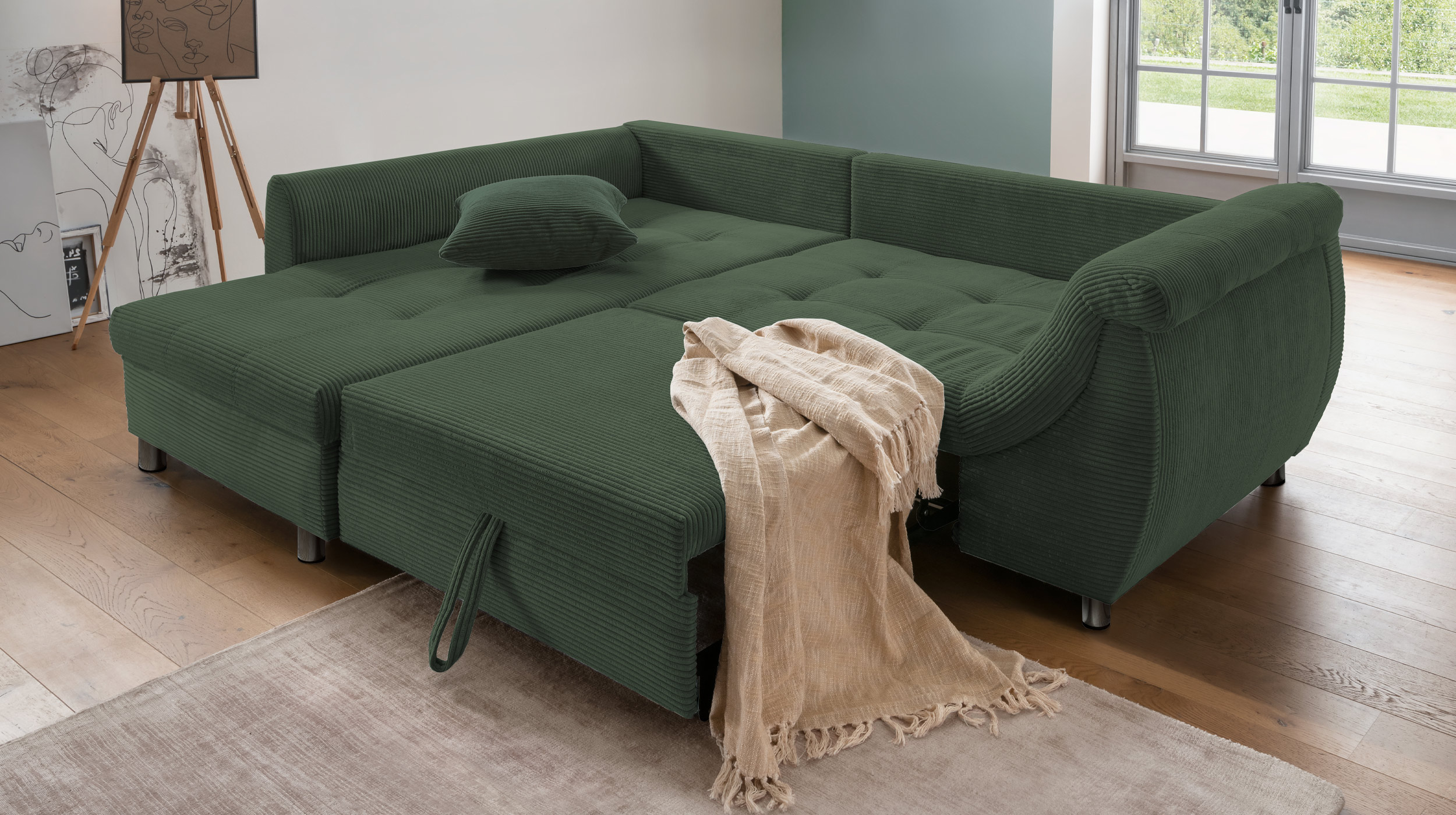 Ecksofa Cord grün Schlaffunktion Bettkasten OT links - LUNARO