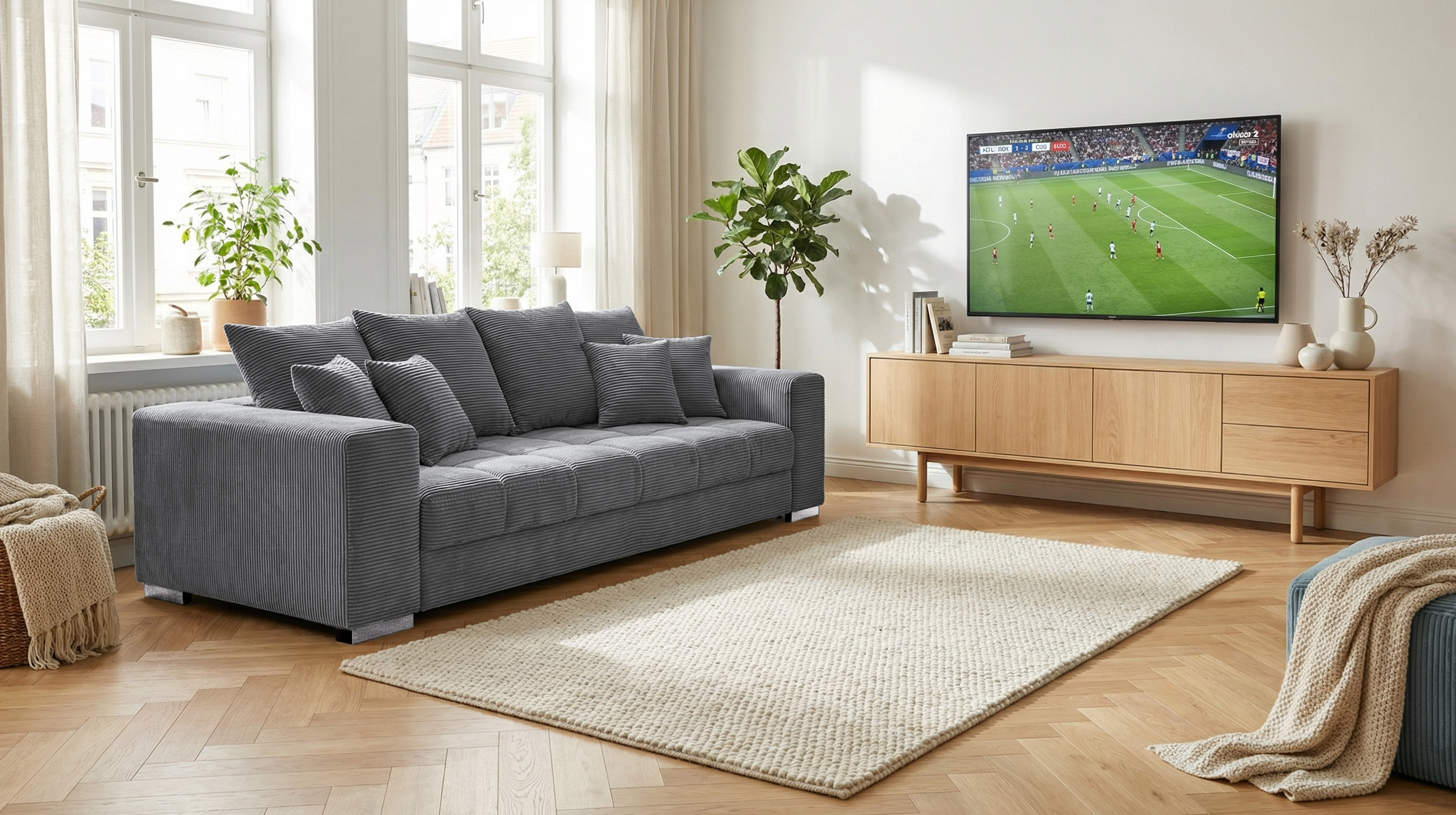 Big Sofa Cord grau - Nosagunterfederung - 254 cm - BORNEO
