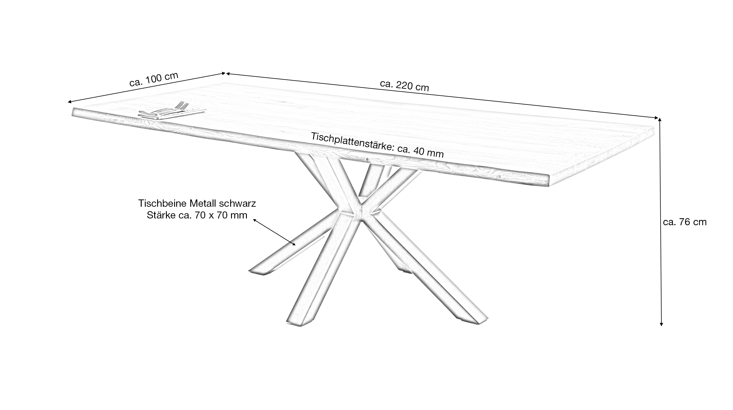 Esstisch Baumkantentisch Optik 220 cm massiv Wildeiche geölt - DAHLIA
