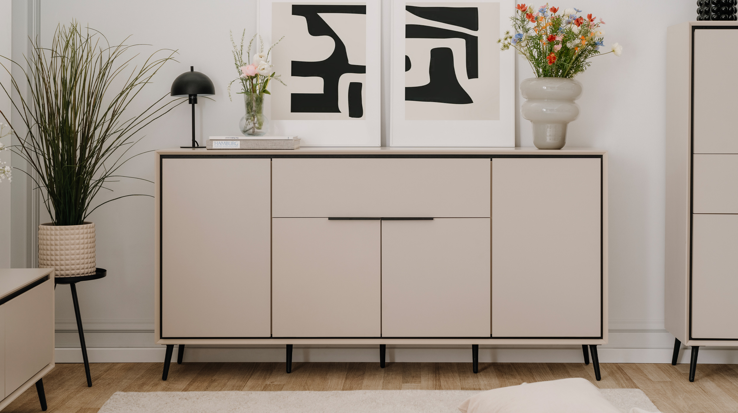 Sideboard mit 1 Schublade beige schwarz 175 cm - ARONA