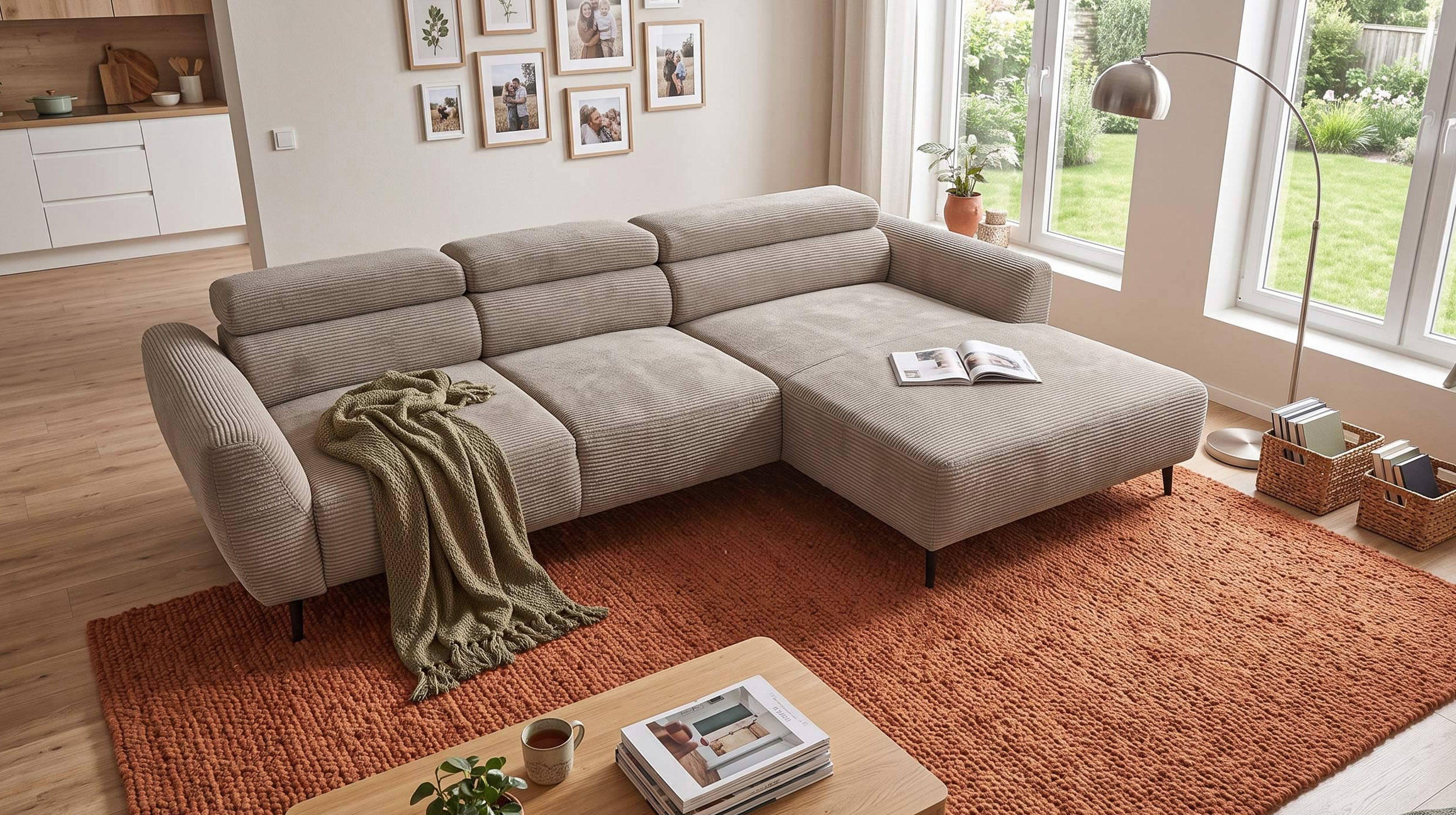 Ecksofa Cord beige elektrisch ausfahrbar 277 cm - OT- rechts - ALISSON