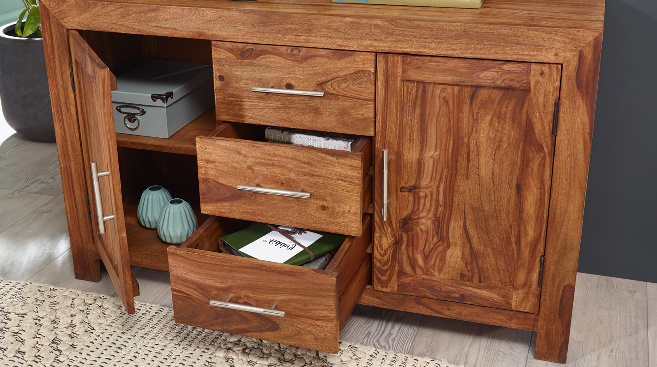 Sideboard mit 3 Schubladen Sheesham massiv 118 cm - SALLA 