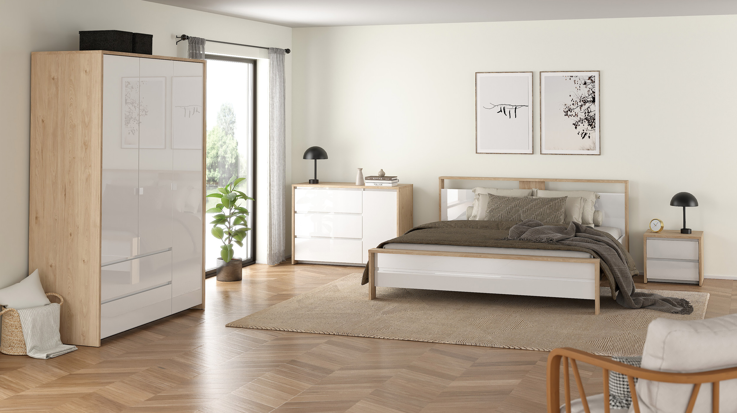 Kleiderschrank 149 cm weiß hochglanz - Jackson Hickory 3-türig - NEXT