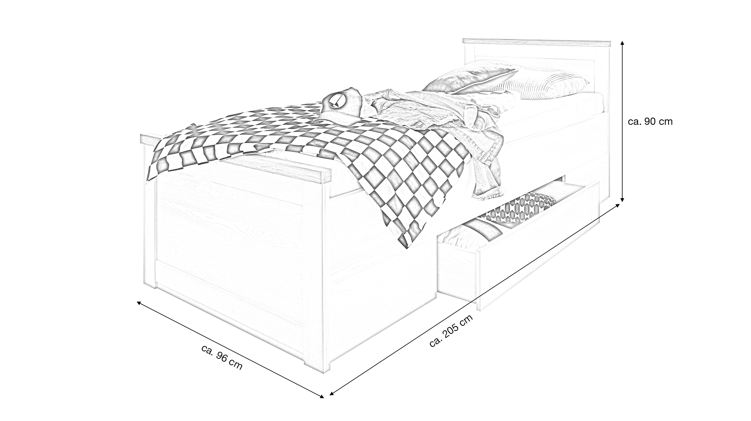 Jugendbett mit Schublade 90 x 200 cm Pinie weiß - LUCA
