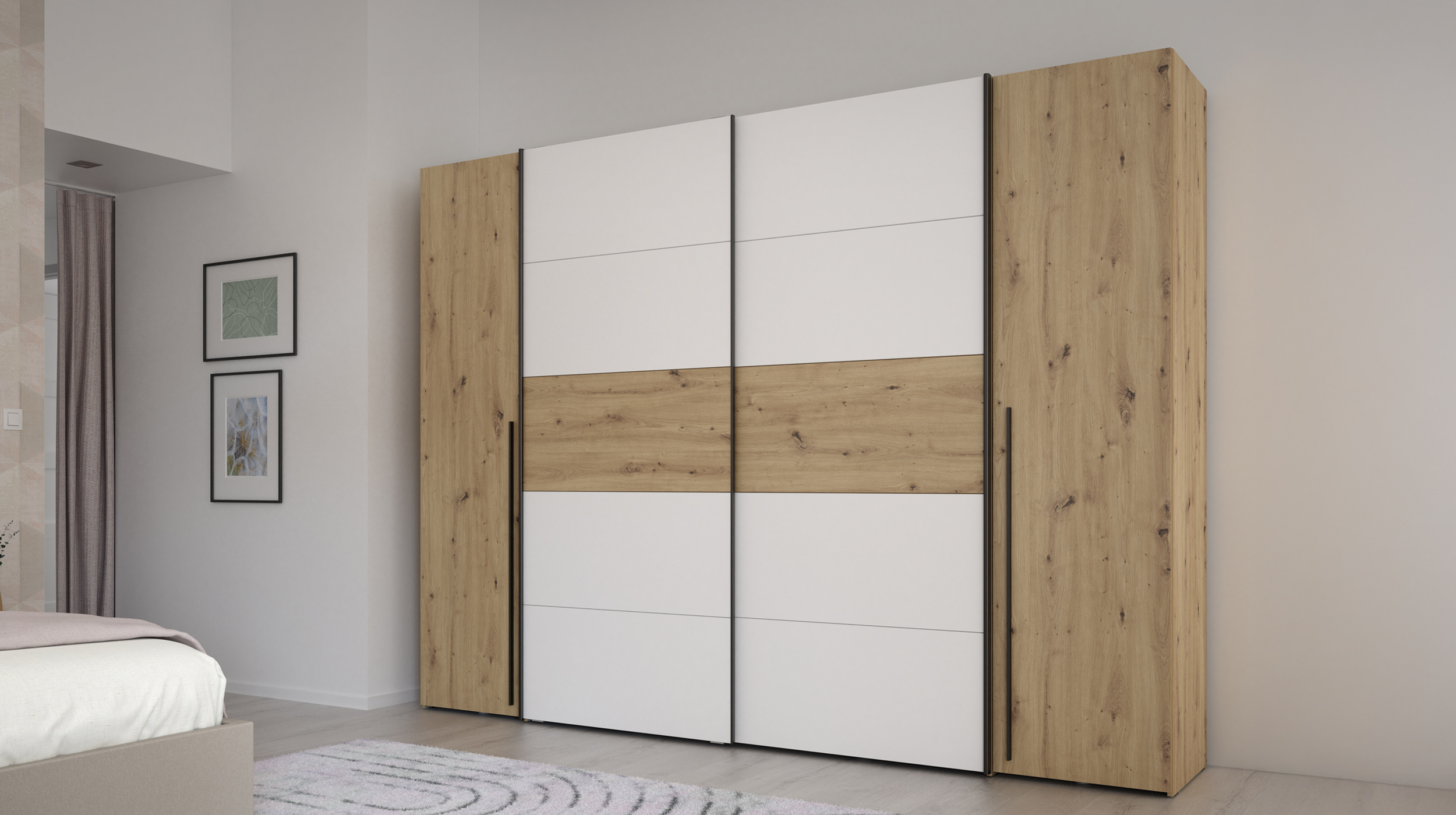 Kleiderschrank Artisan Eiche - weiß - 270 cm - Schwebetüren - NARAGO
