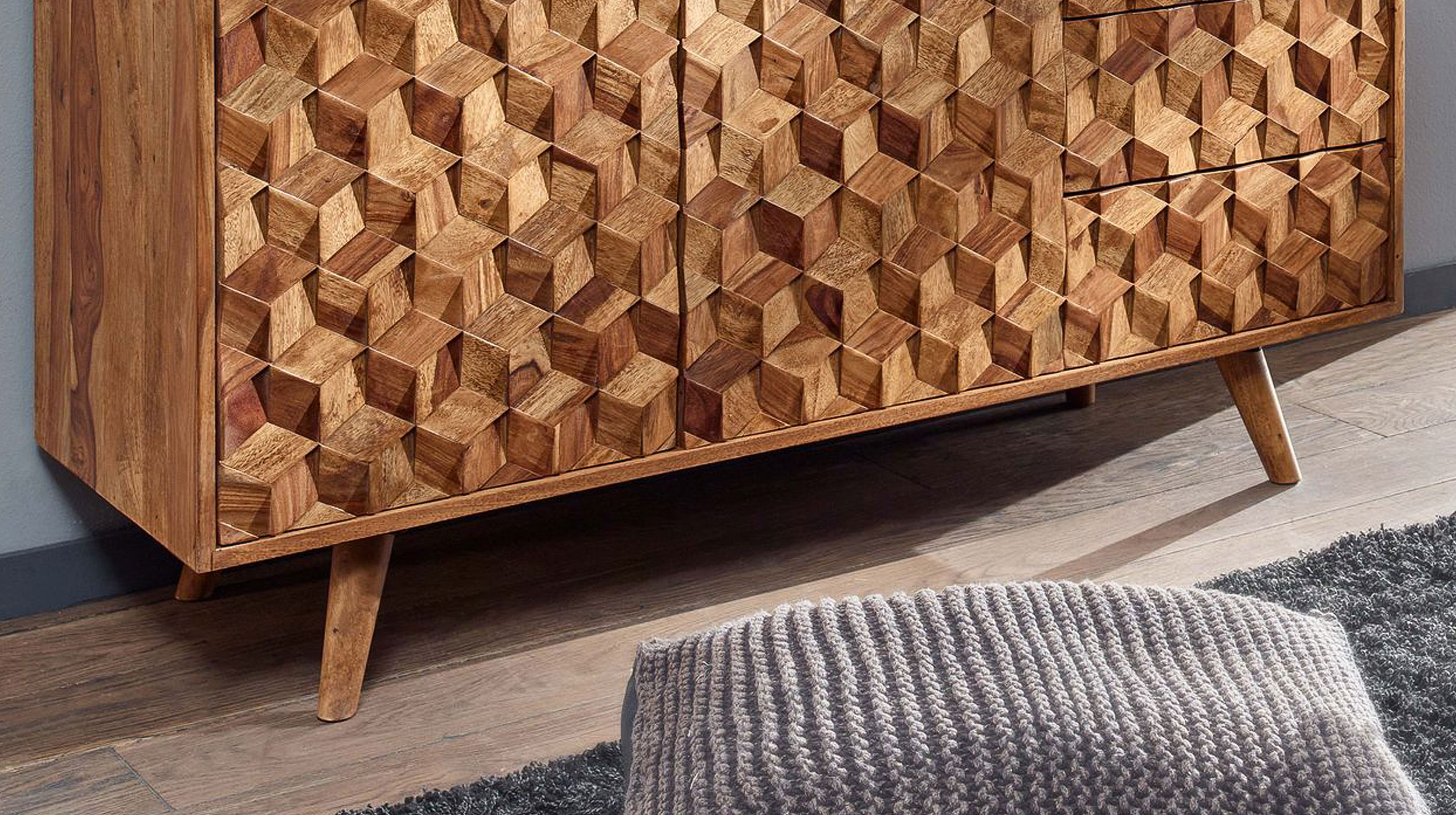 Sideboard mit 3 Schubladen Sheesham massiv gebeizt 138 cm - SUNE