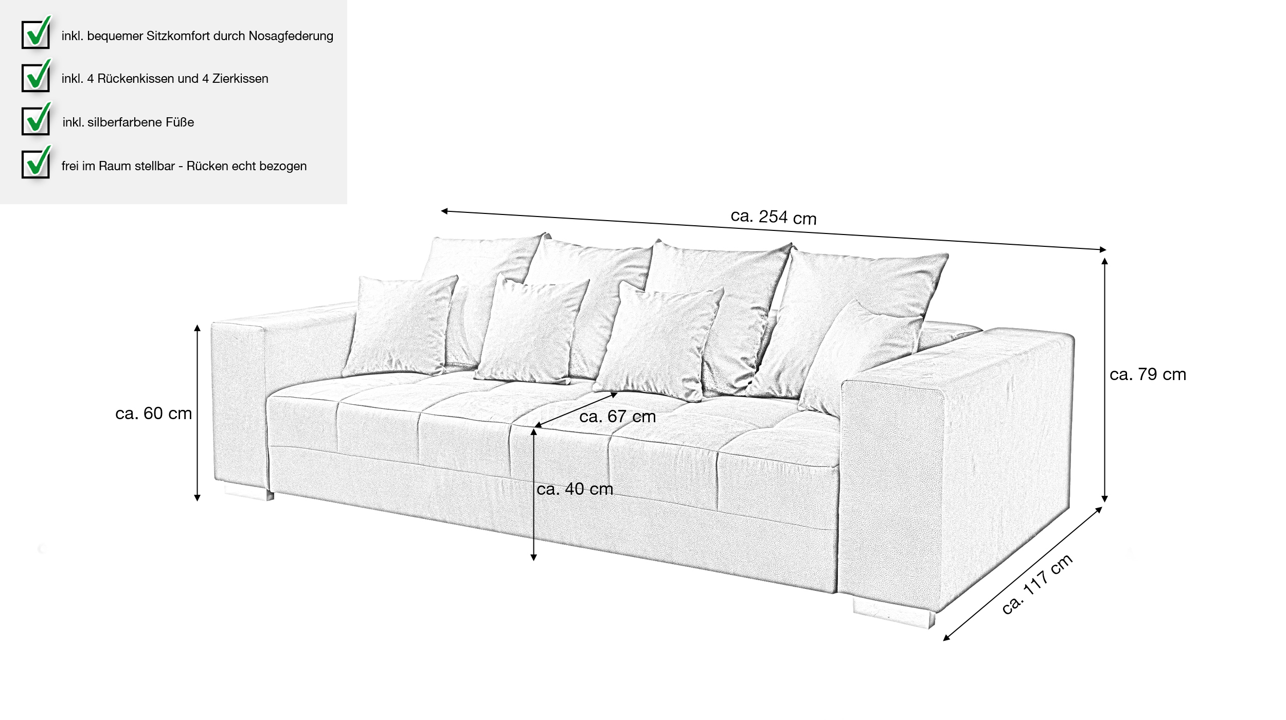Big Sofa grau Vintage - 254 cm - Microfaser - BORNEO