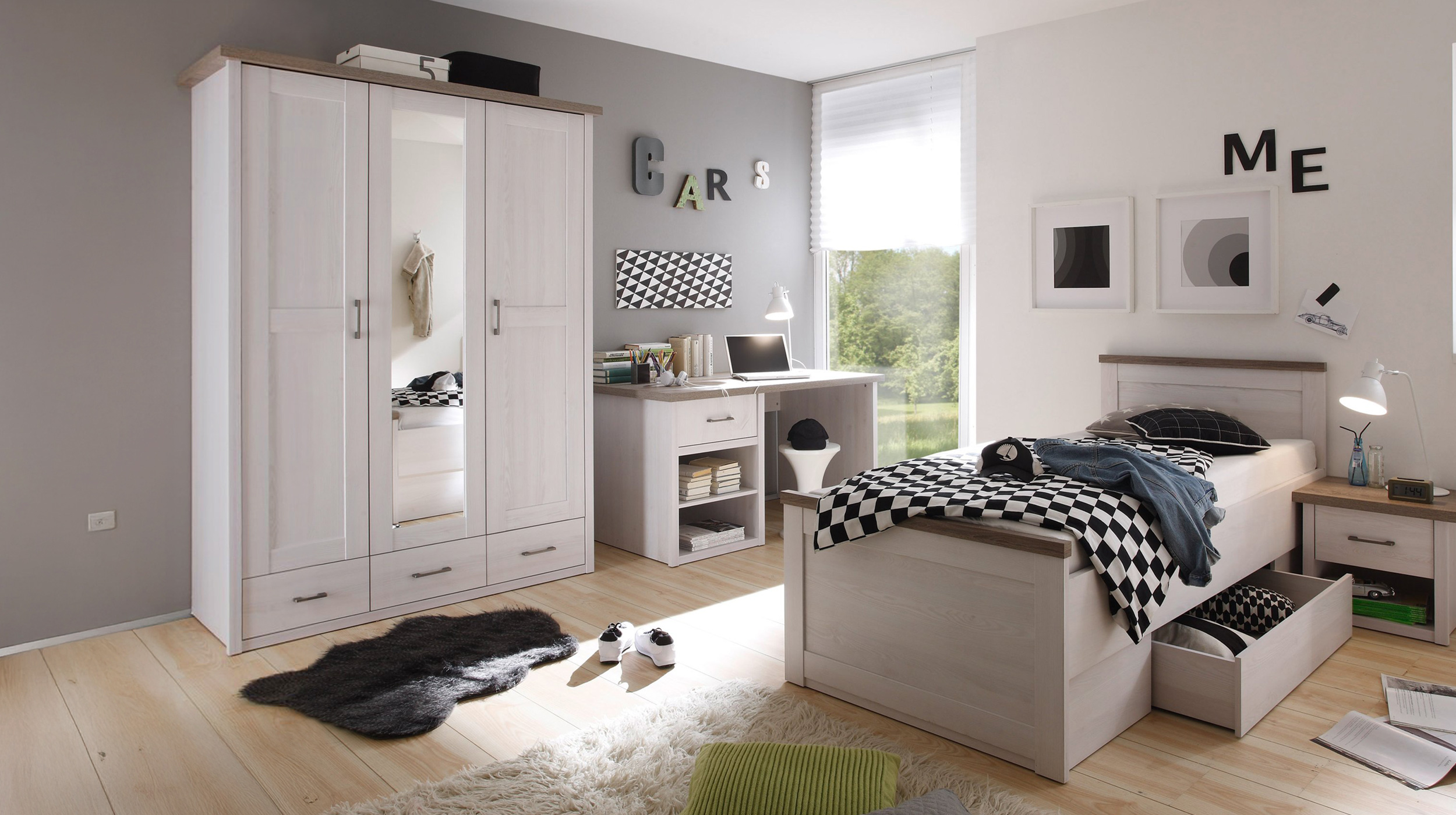 Jugendbett mit Schublade 90 x 200 cm Pinie weiß - LUCA