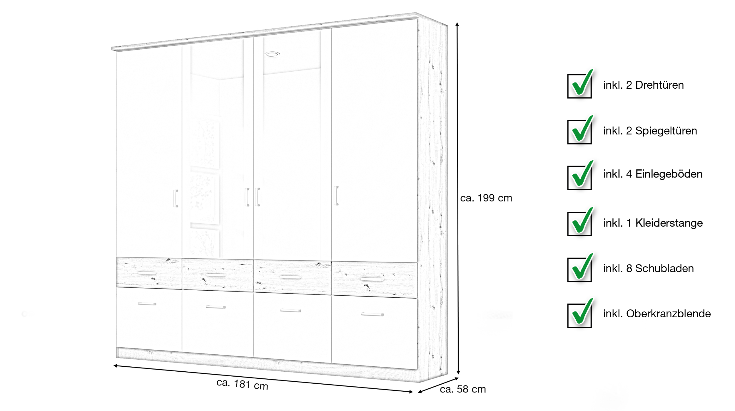Kleiderschrank Spiegel - 181 cm - Artisan Eiche - weiß - rauch - BREMEN-EXTRA