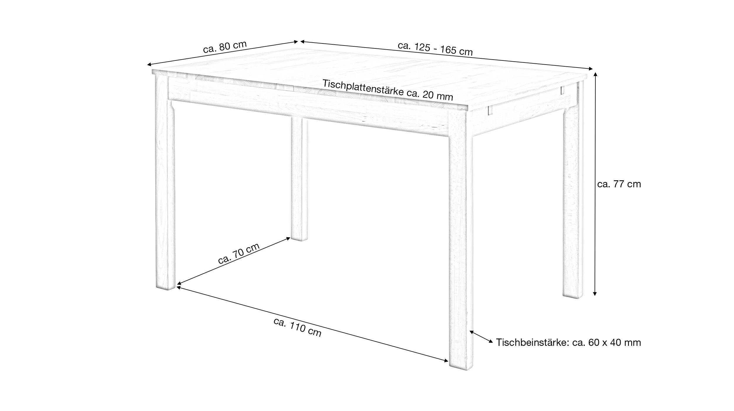 Esstisch 125 cm ausziehbar 165 cm Kernbuche massiv geölt - VARIUS