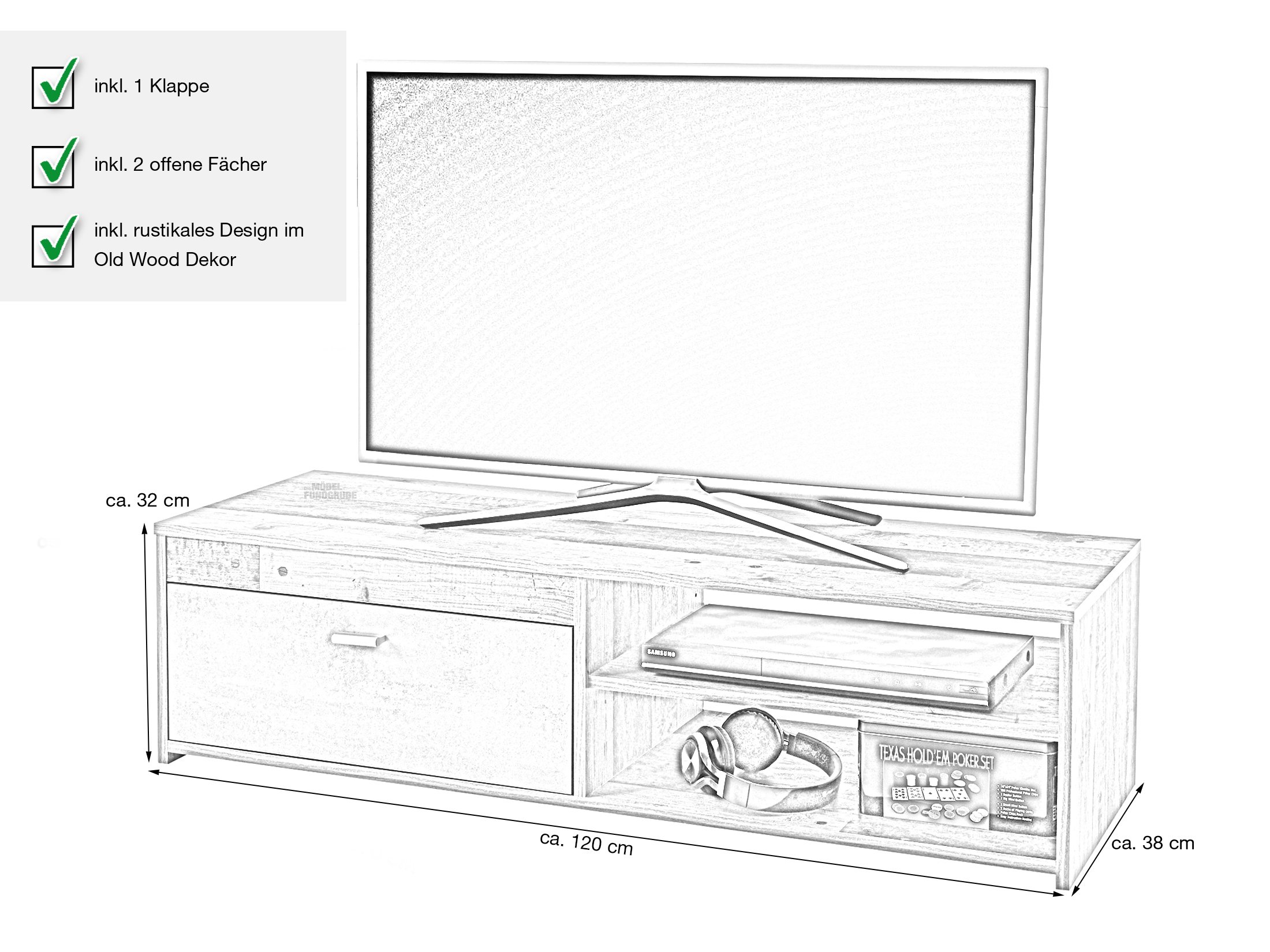 TV - Lowboard Old Style - grau 120 cm TV-Board - GEMMA