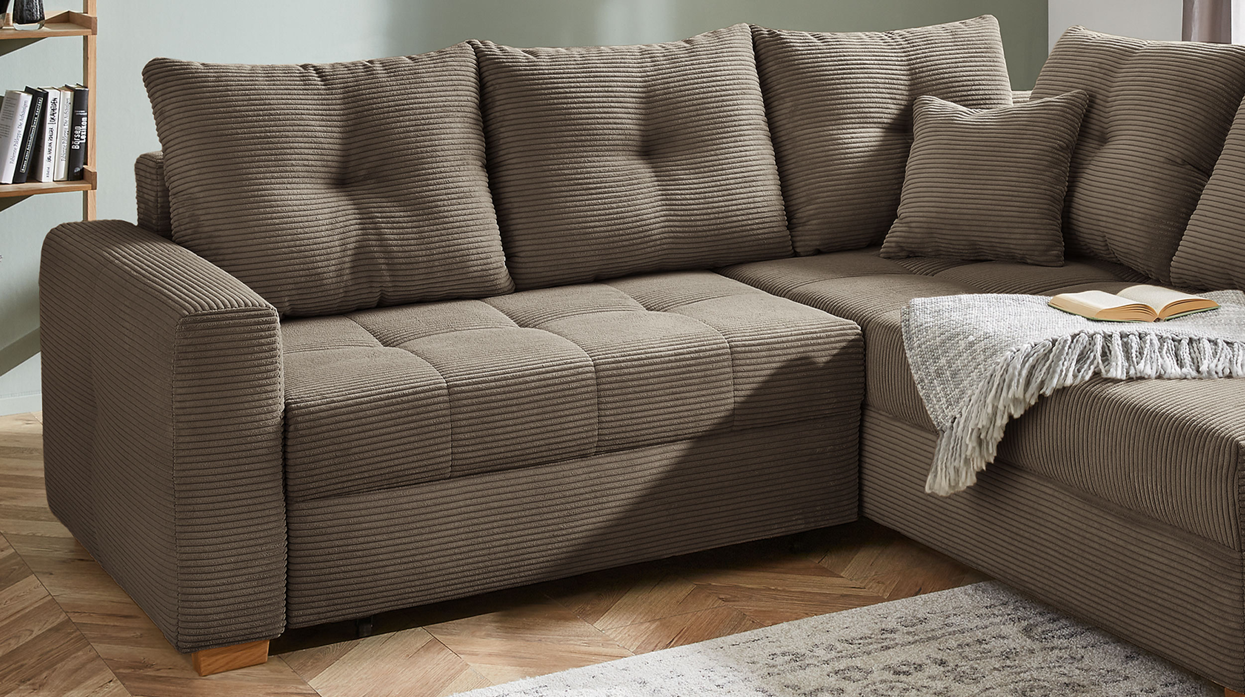 Ecksofa Cord taupe - Schlaffunktion Bettkasten 228 cm - HEIDELBERG