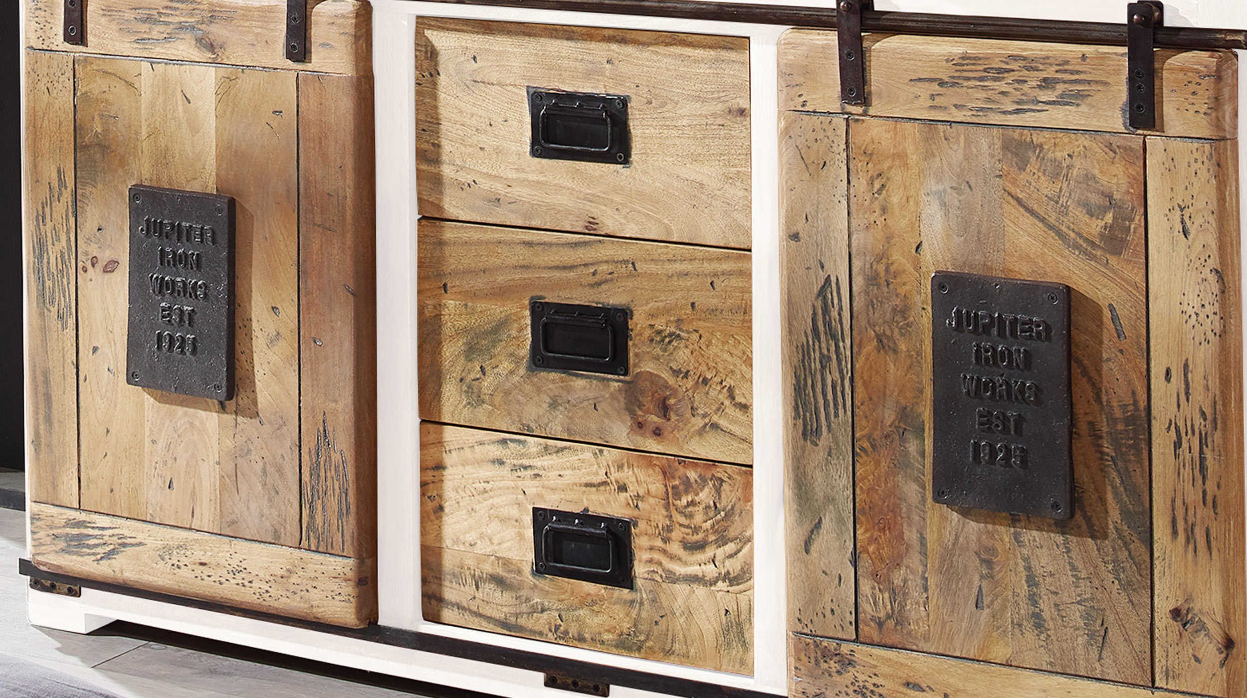 Highboard mit 4 Rolltüren Massivholz weiß Mango 150 cm - EMANUEL