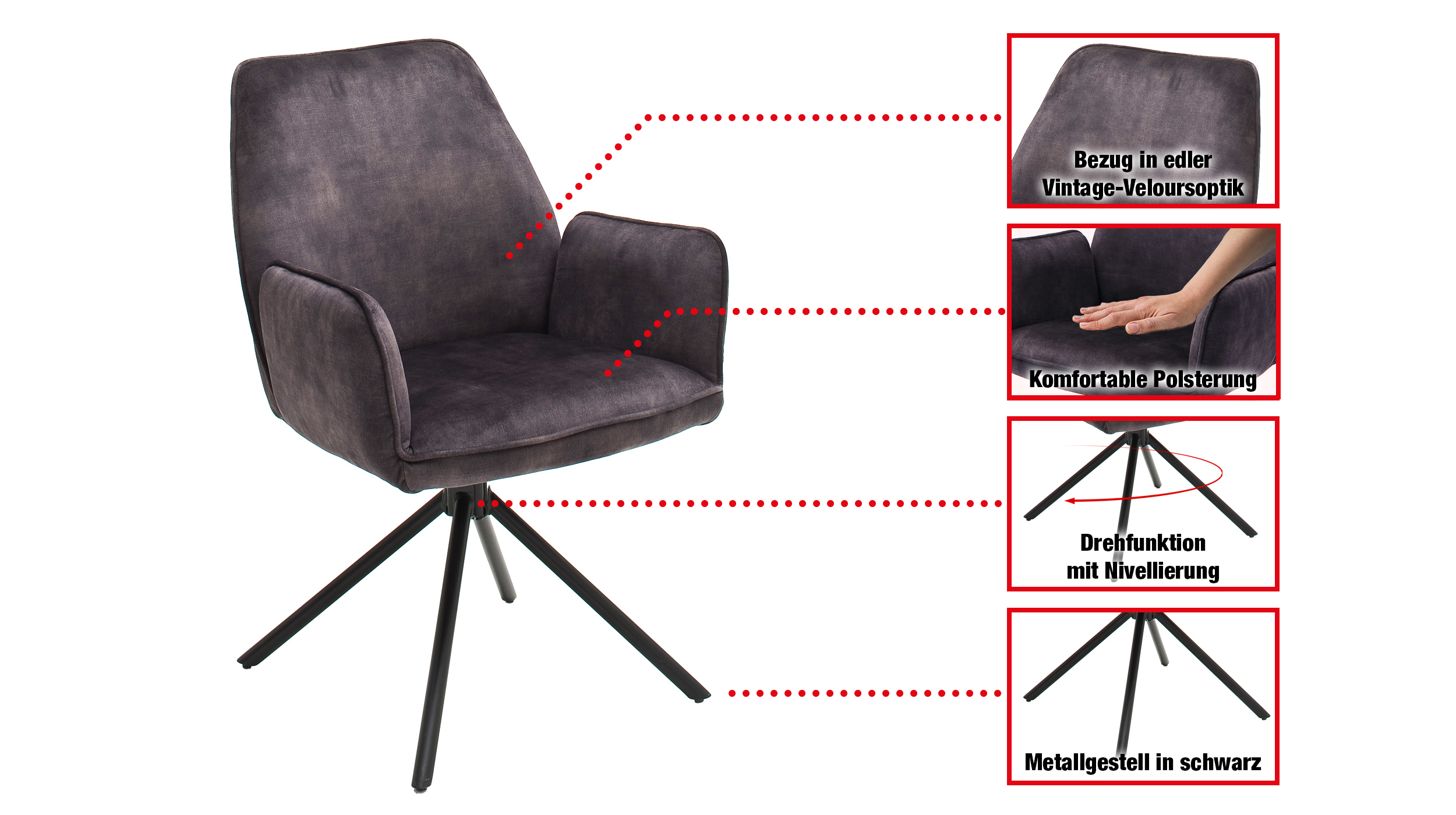 Armlehnstuhl anthrazit Drehstuhl Veloursoptik - OTTAWA