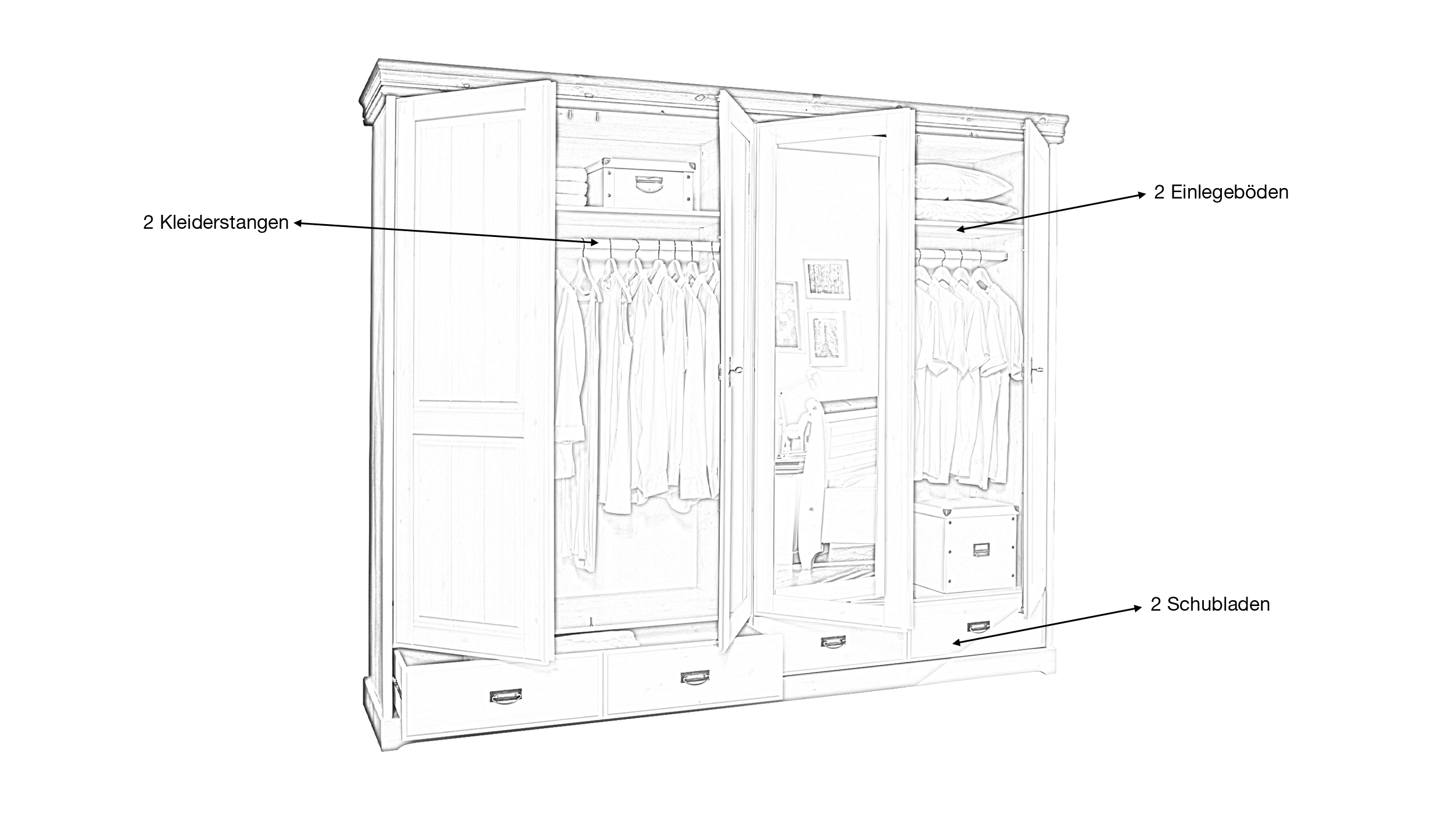 Kleiderschrank Spiegel - Kiefer Massivholz weiß - 255 cm - MATILDA