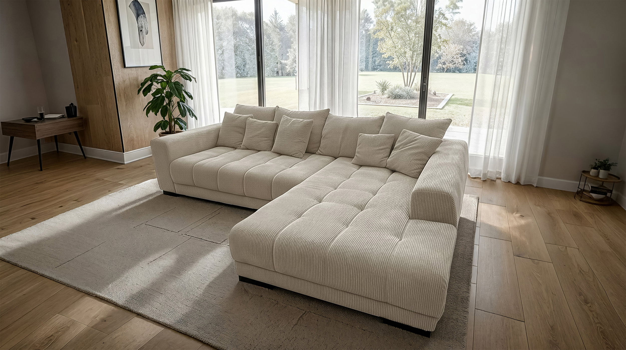 Ecksofa Cord beige elektrisch ausfahrbar 300 cm - OT rechts - ARTEMIS