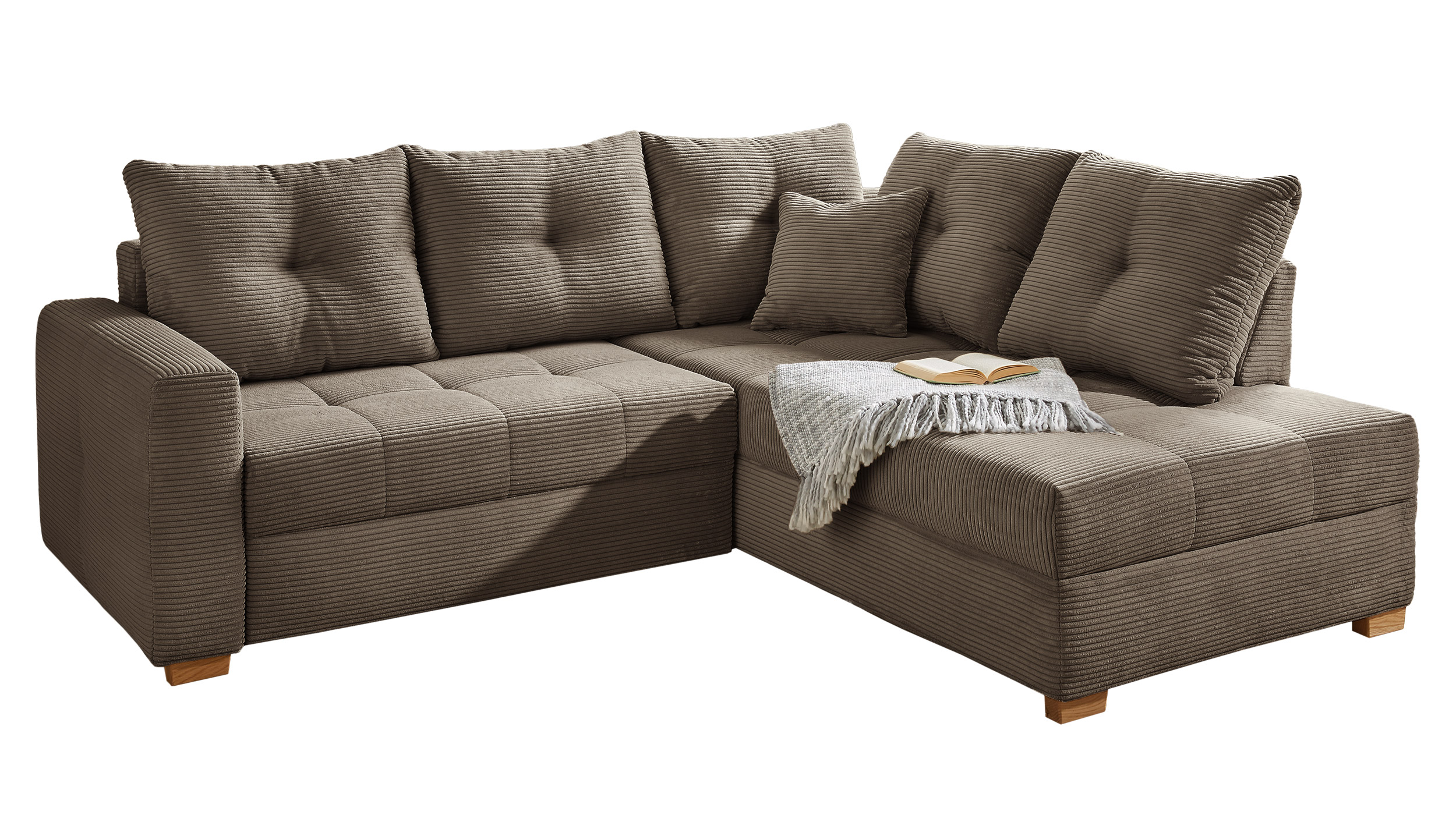 Ecksofa Cord taupe - Schlaffunktion Bettkasten 228 cm - HEIDELBERG