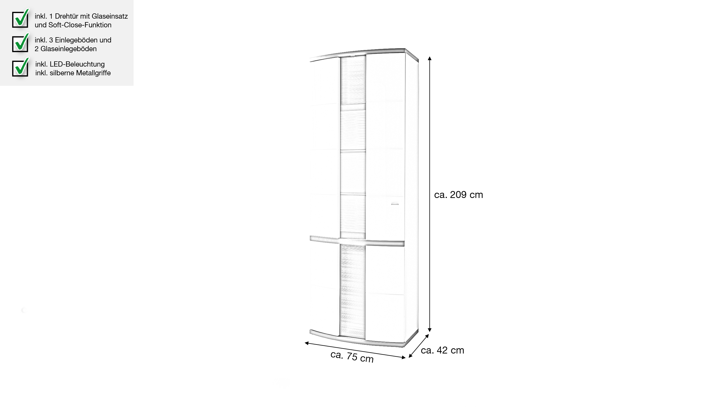 Vitrine mit Beleuchtung weiß hochglanz Breite 75 cm - CABANA