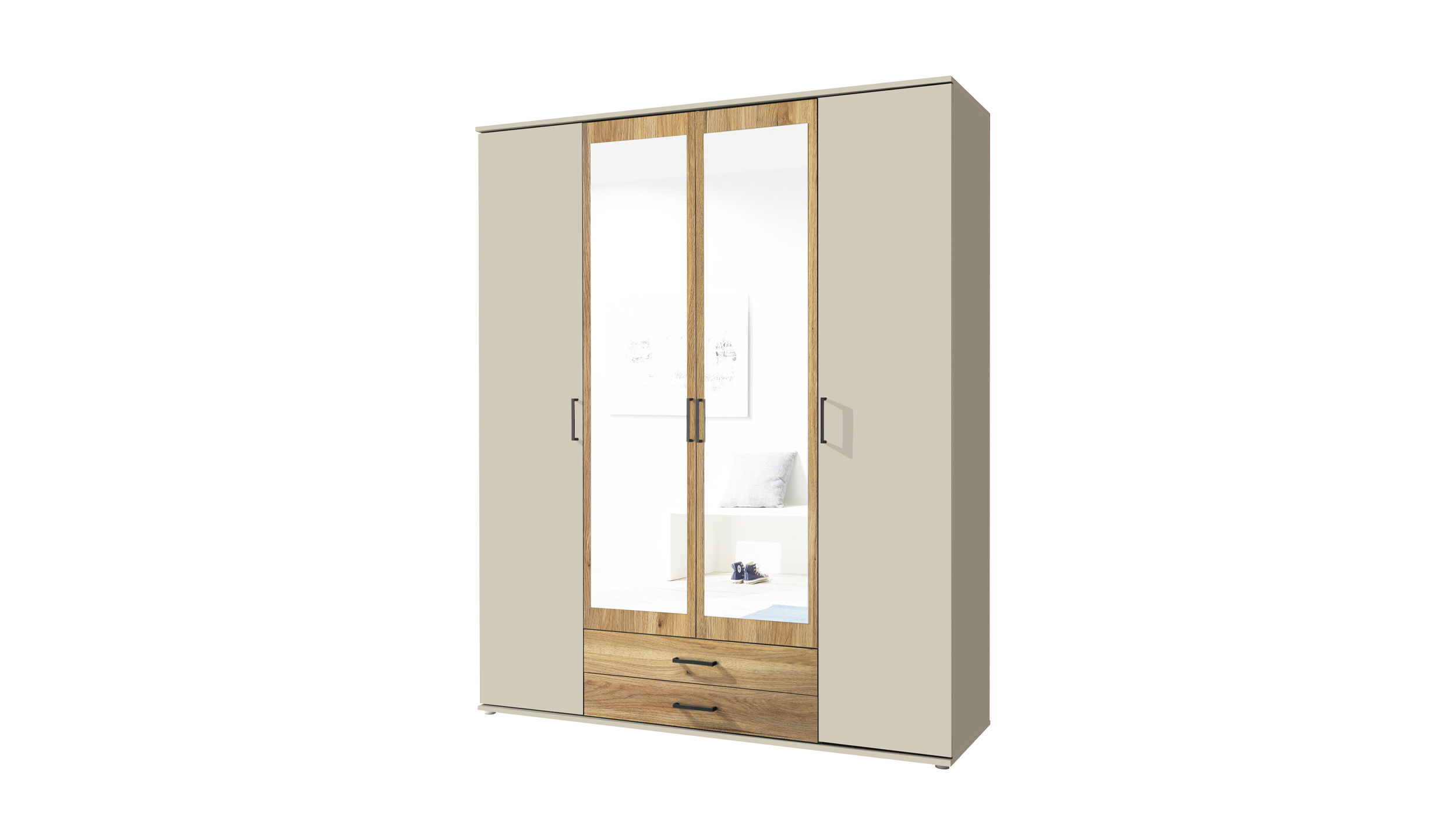 Kleiderschrank mit Spiegel 159 cm - beige - Eiche - 4-türig - CHICAGO