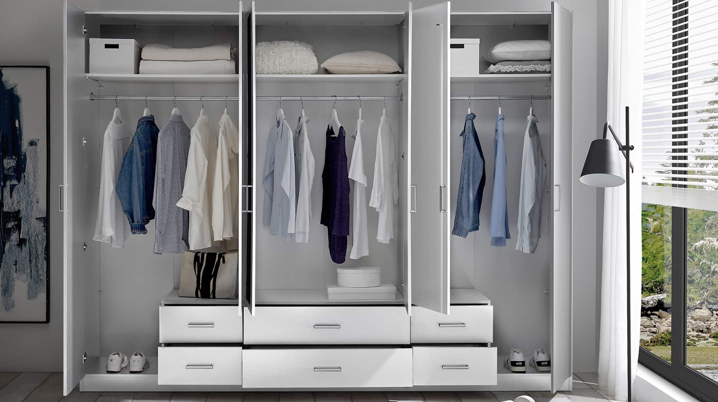 Kleiderschrank weiß mit Spiegel - 271 cm - 6-türig - ELVA