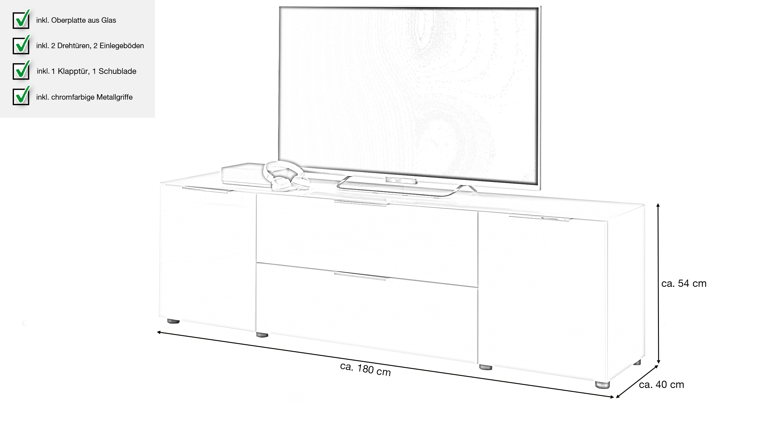 TV-Lowboard weiß Glas 180 cm TV-Board - SANTORIN