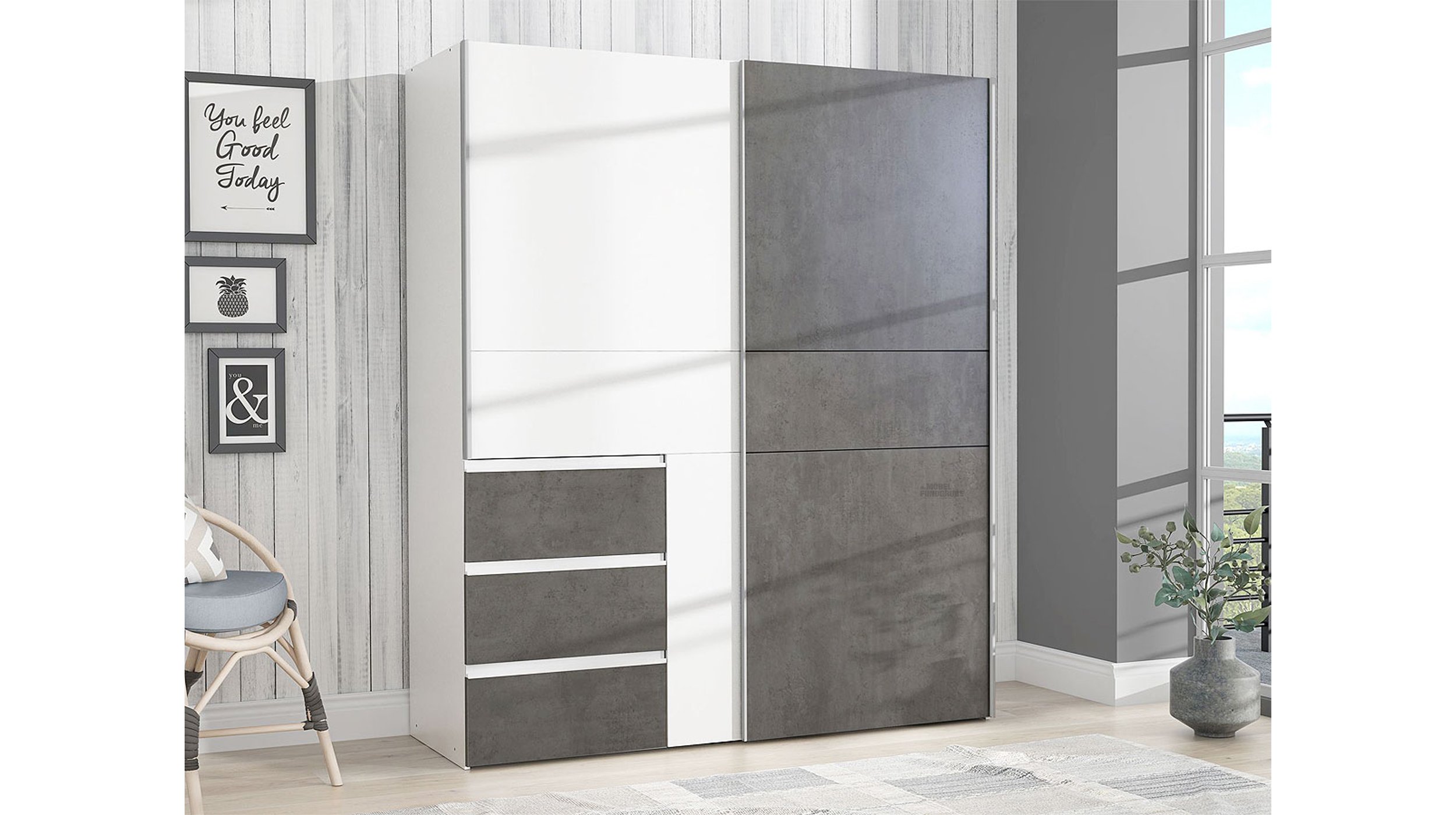 Schwebetürenschrank weiß-grau 170 cm - Kleiderschrank - WINN